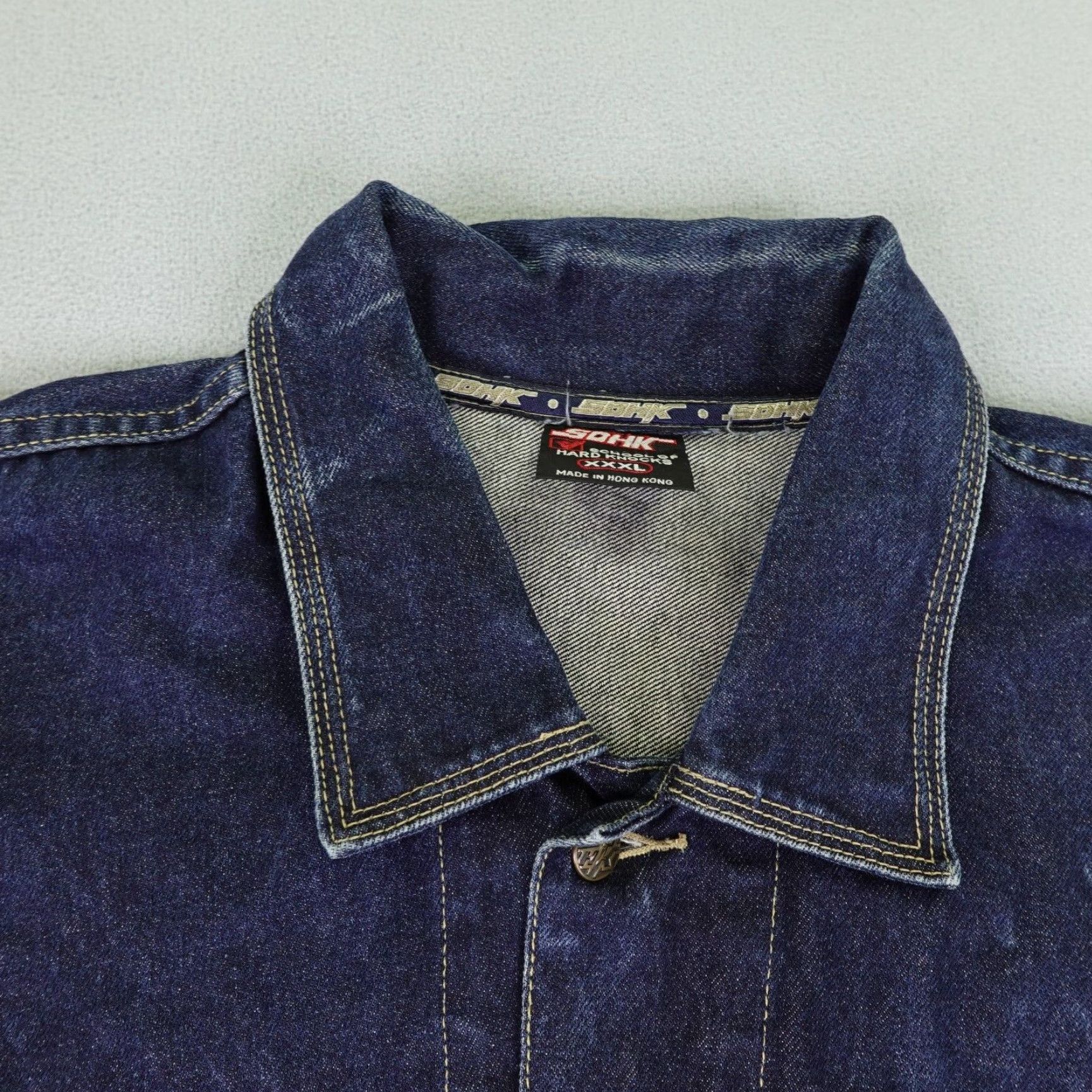 Denime VINTAGE School Of Hard Knocks Jacket 3XL Blue Denim 90s Mens Size US 39 - 3 Thumbnail