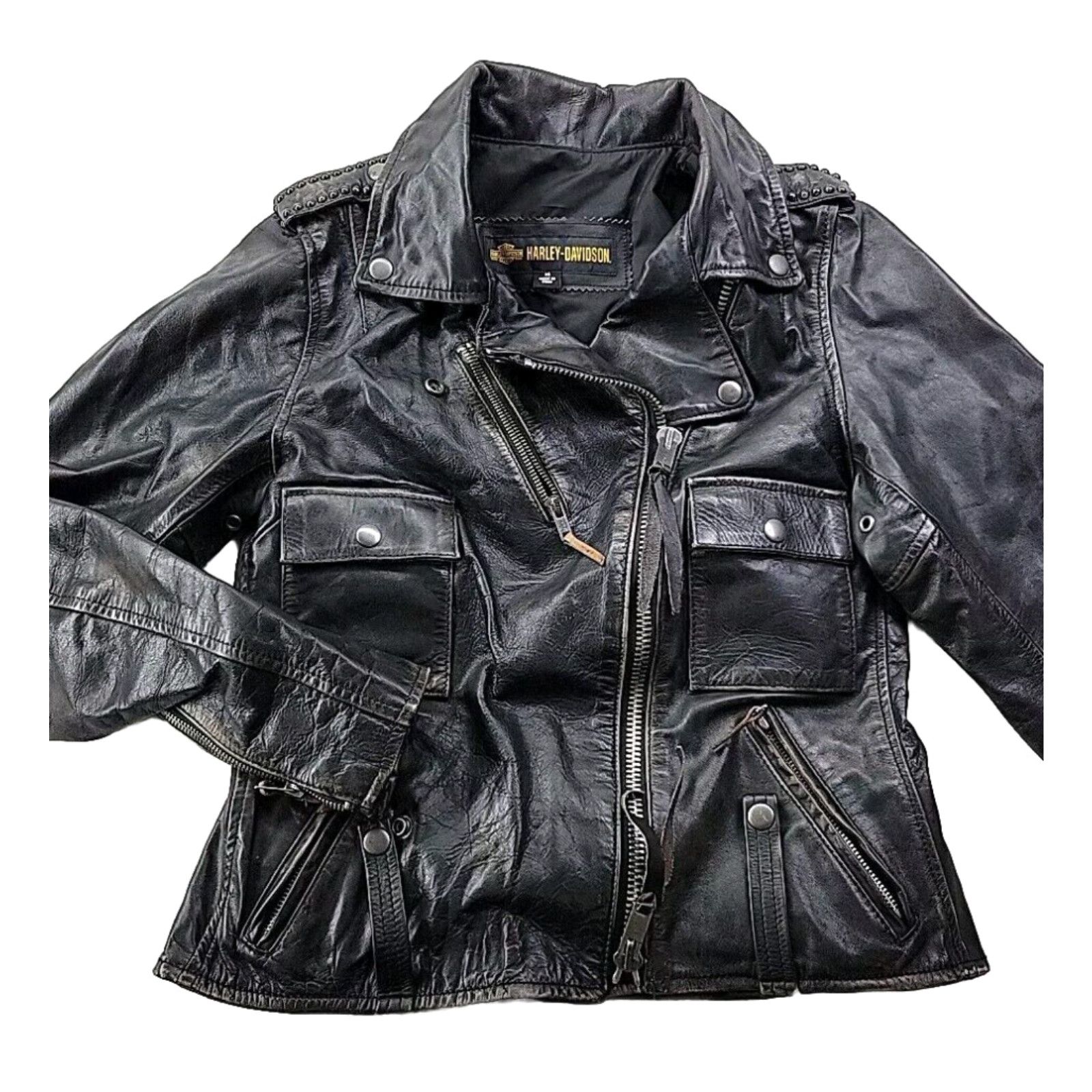 image of Harley Davidson Leather Motorcycle Jacket Women's Xs Black Biker Eagle Patch in White