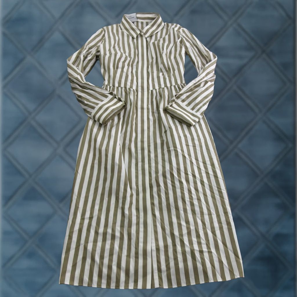 Vintage Akris Punto Shirt Dress Womens Midi Long Sleeve Belted Green Striped Size XL / US 12-14 / IT 48-50 - 1 Thumbnail