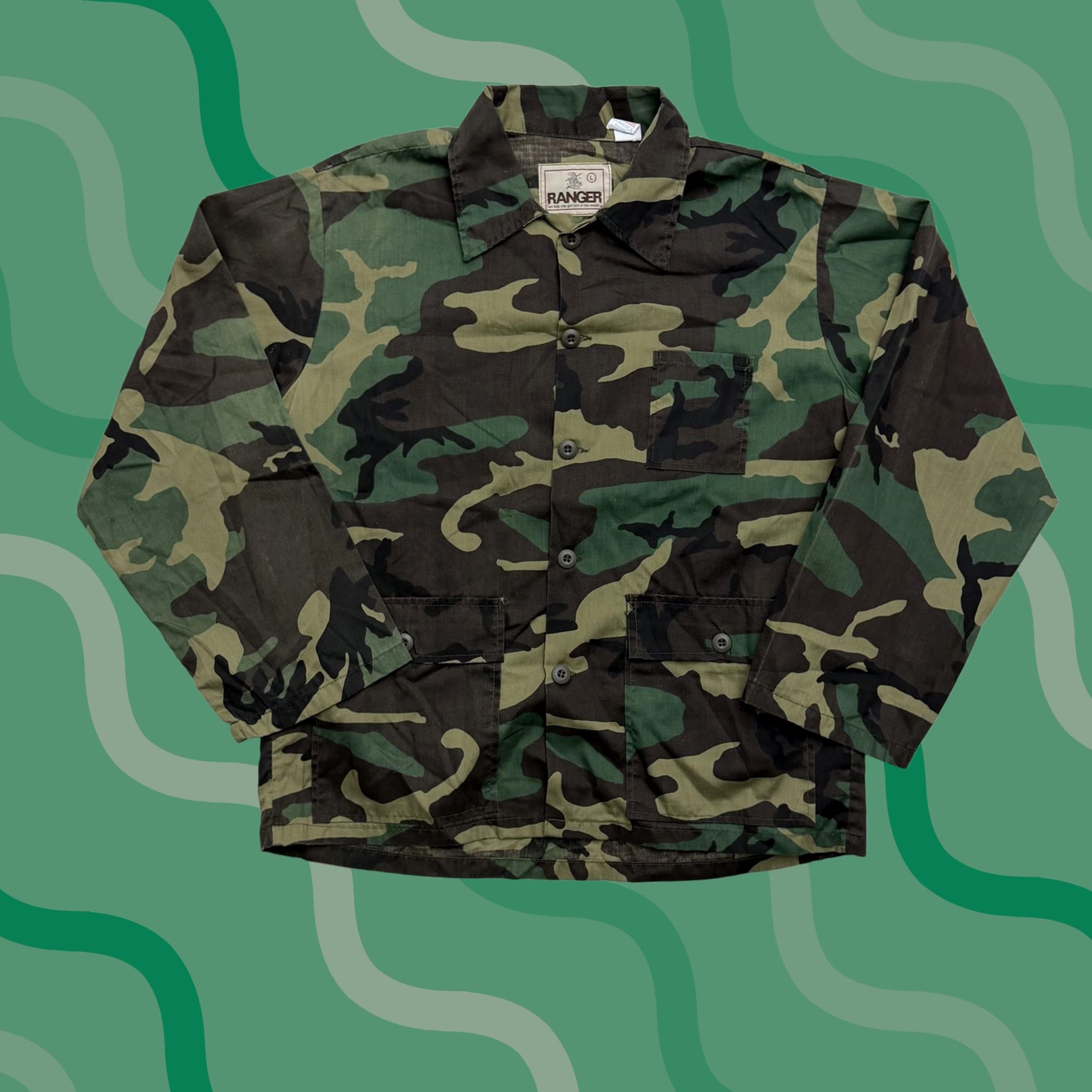 Vintage Ranger Jacket Mens Large Green Camouflage Cotton Military Lightweight USA Made Size US L / EU 52-54 / 3 - 1 Thumbnail