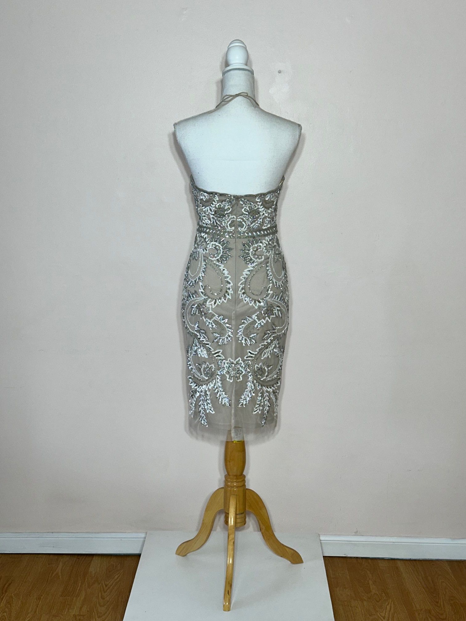Adrianna Papell Beige Net with Silver Sequin and Beaded tie back dress Size XS / US 0-2 / IT 36-38 - 3 Thumbnail