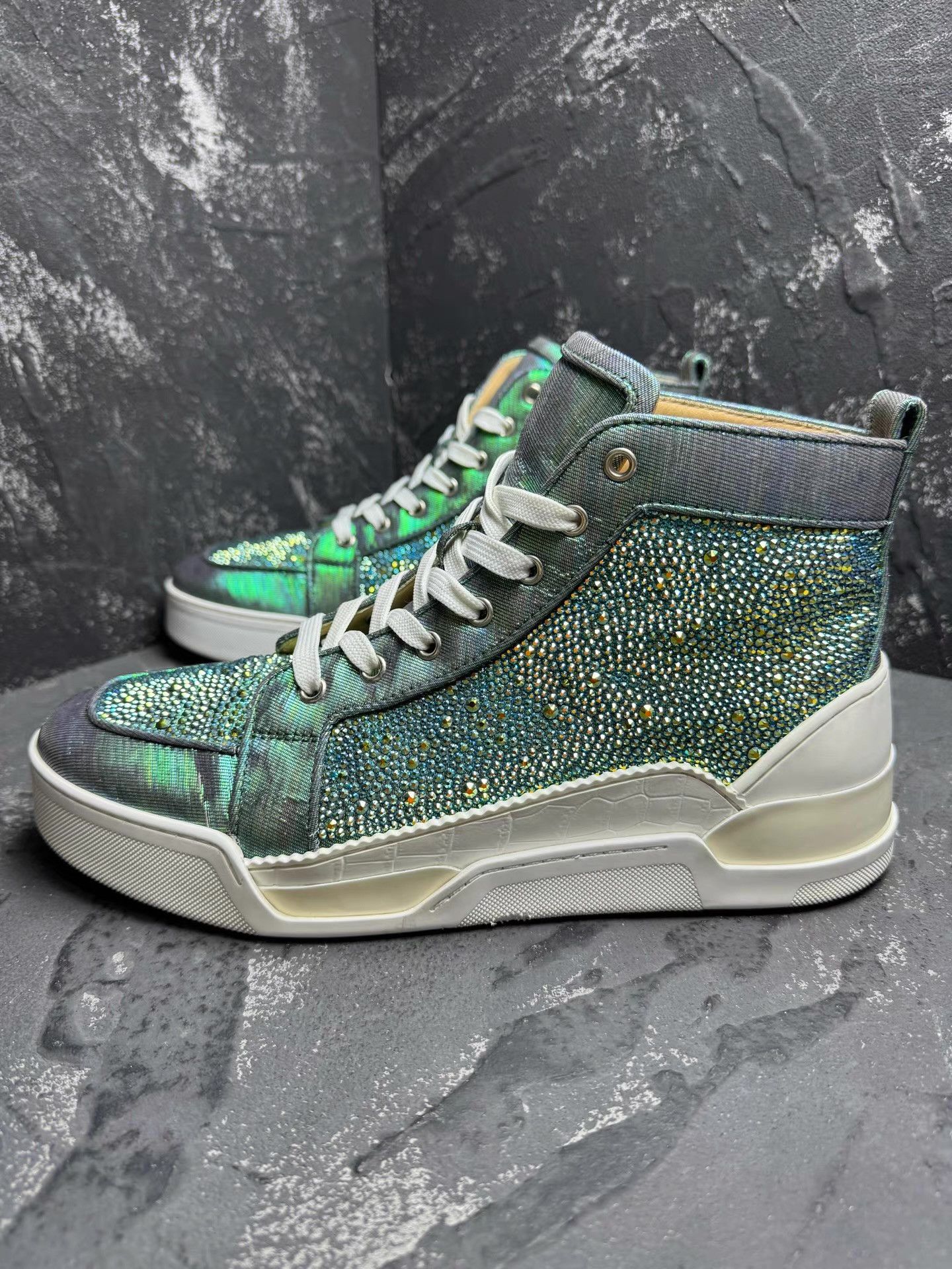 Christian Louboutin Peacock GreenHigh Red-Sole Sneakers with Full Crystals Q10 Size US 10.5 / EU 43-44 - 7 Thumbnail