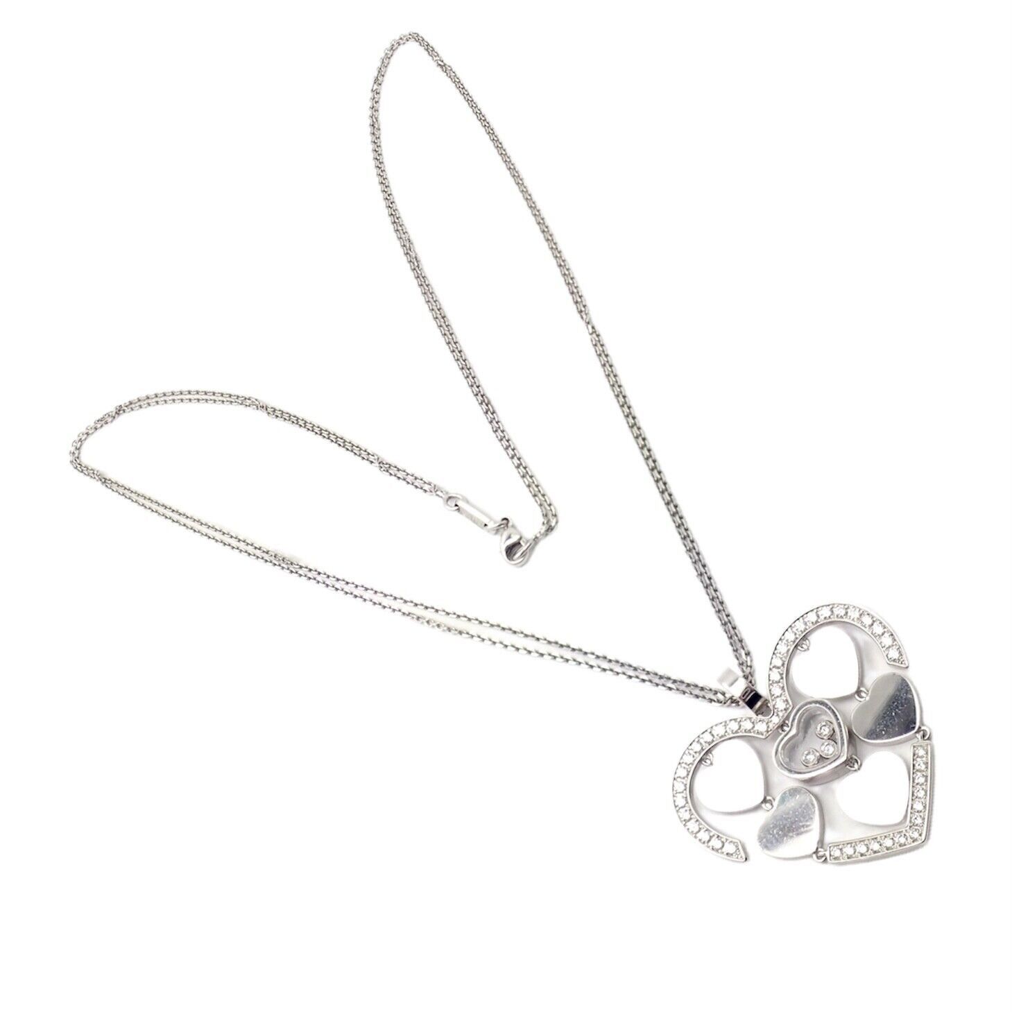 18k White Gold Large Double Happy Hearts Diamond Necklace
