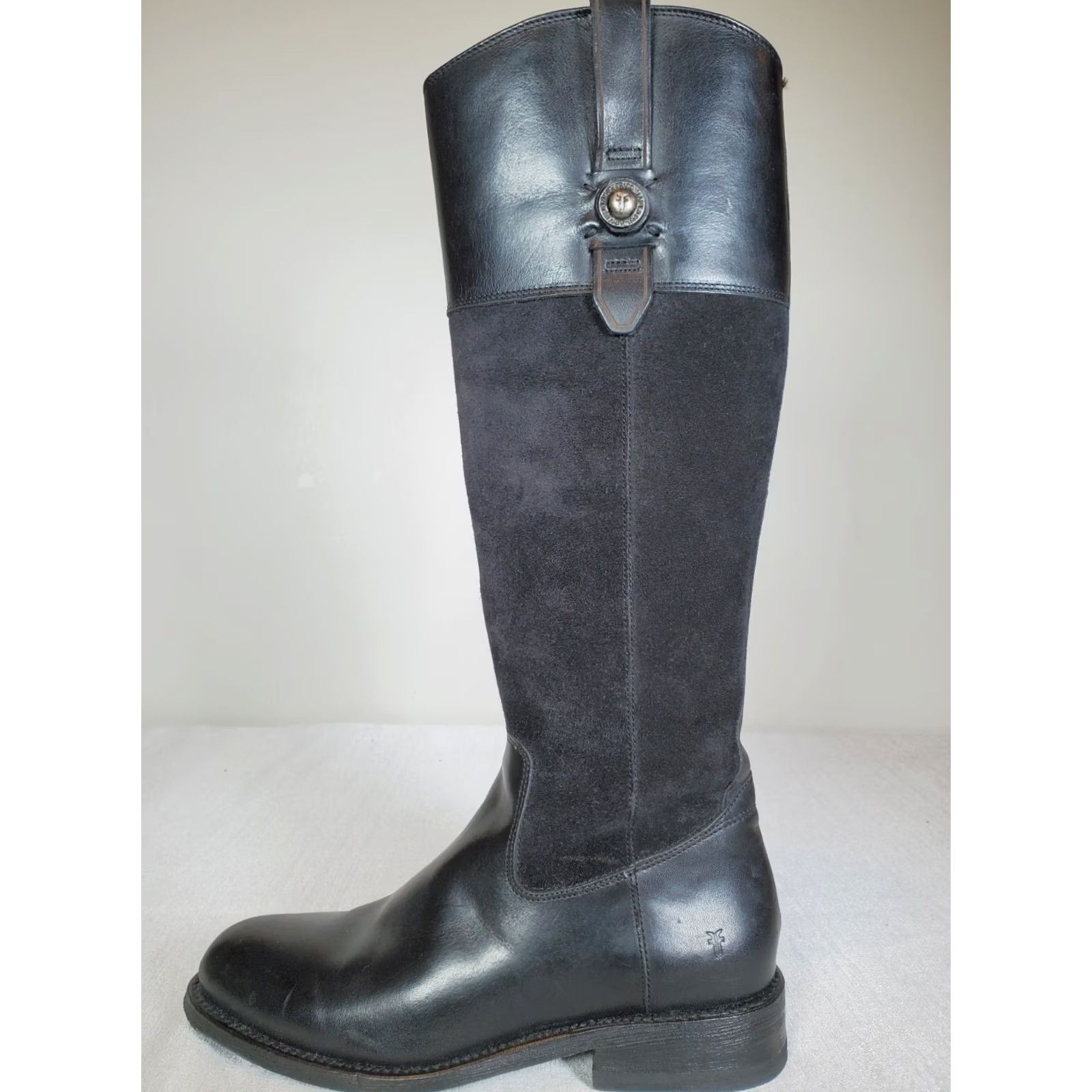 Frye FRYE Jayden Button Black Leather and Suede Tall Riding Boots Women's US 6 B Shaft 15 3/4" Calf Runs Narrow Leather Lined Block Heel 1 1/4" Size US 6 / IT 36 - 5 Thumbnail