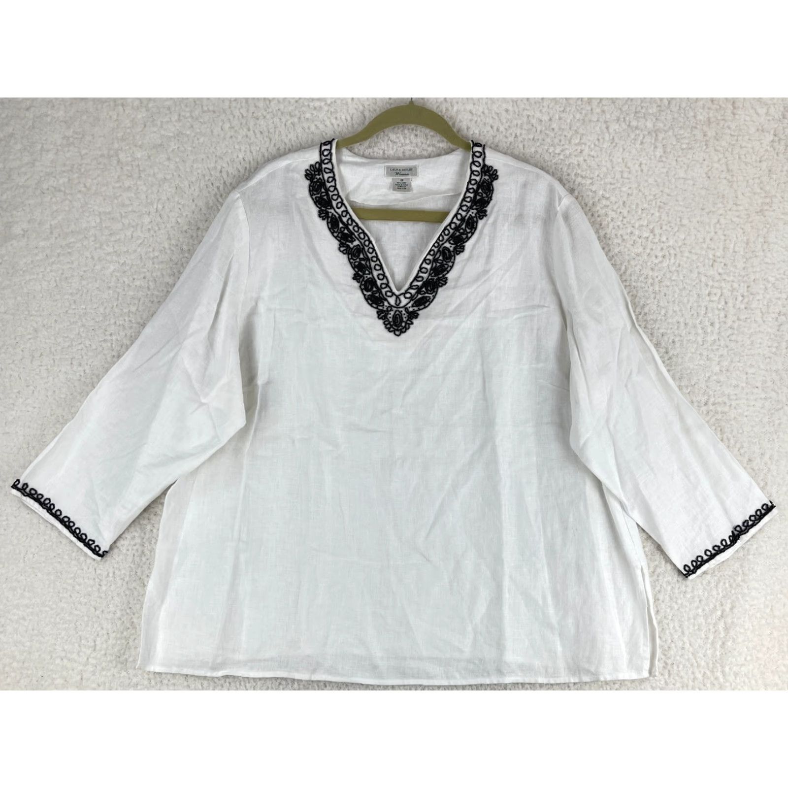 Laura Ashley Laura Ashley Womens 2X White Embroidered Linen V-Neck Shirt Size XXL / US 16-18 / IT 52-54 - 2 Thumbnail