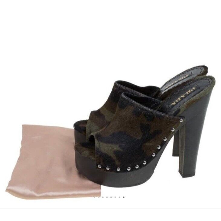 Prada PRADA Green Camouflage Calf Hair Platform Clogs 37.5 GORGEOU Size US 7.5 / IT 37.5 - 2 Thumbnail