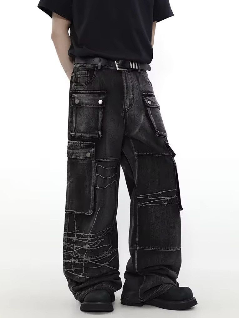 Embroidery Big Pocket Wide Leg Jean