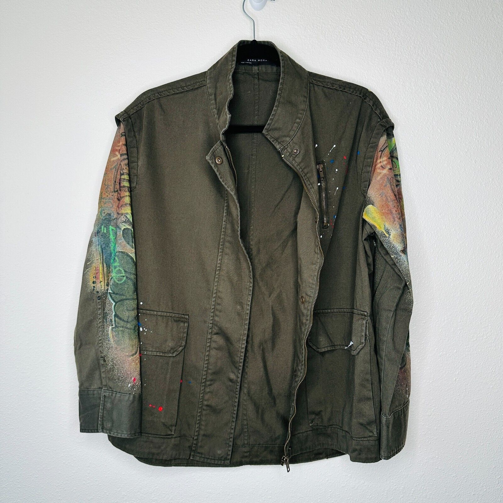 Zara Zara Army Green Grafitti New York Jungle Zip Utility Jacket Size XS / US 0-2 / IT 36-38 - 3 Thumbnail
