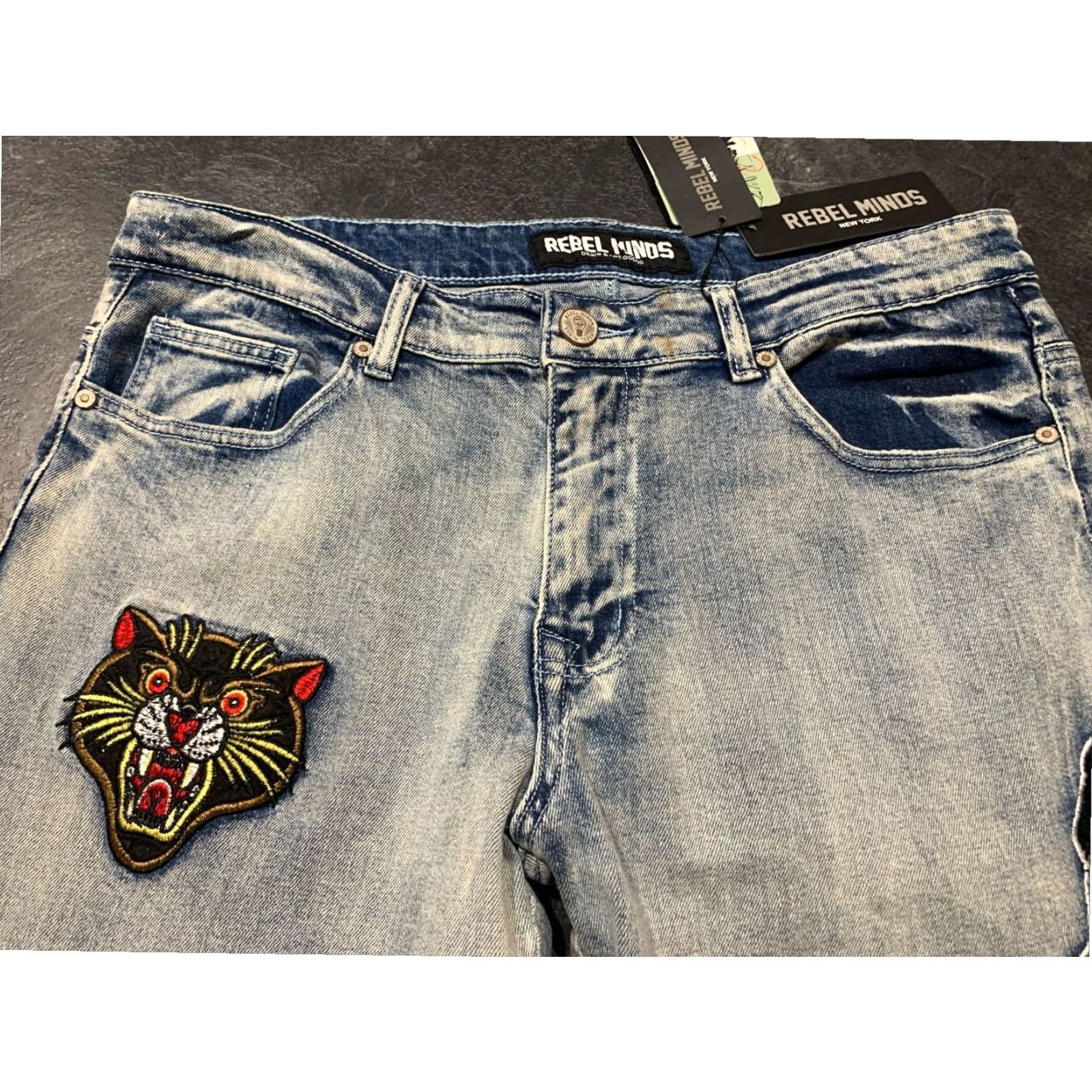 Vintage Rebel Minds Blue Slim Fit Jeans with Patches Men's 34x32 Size US 34 / EU 50 - 3 Thumbnail