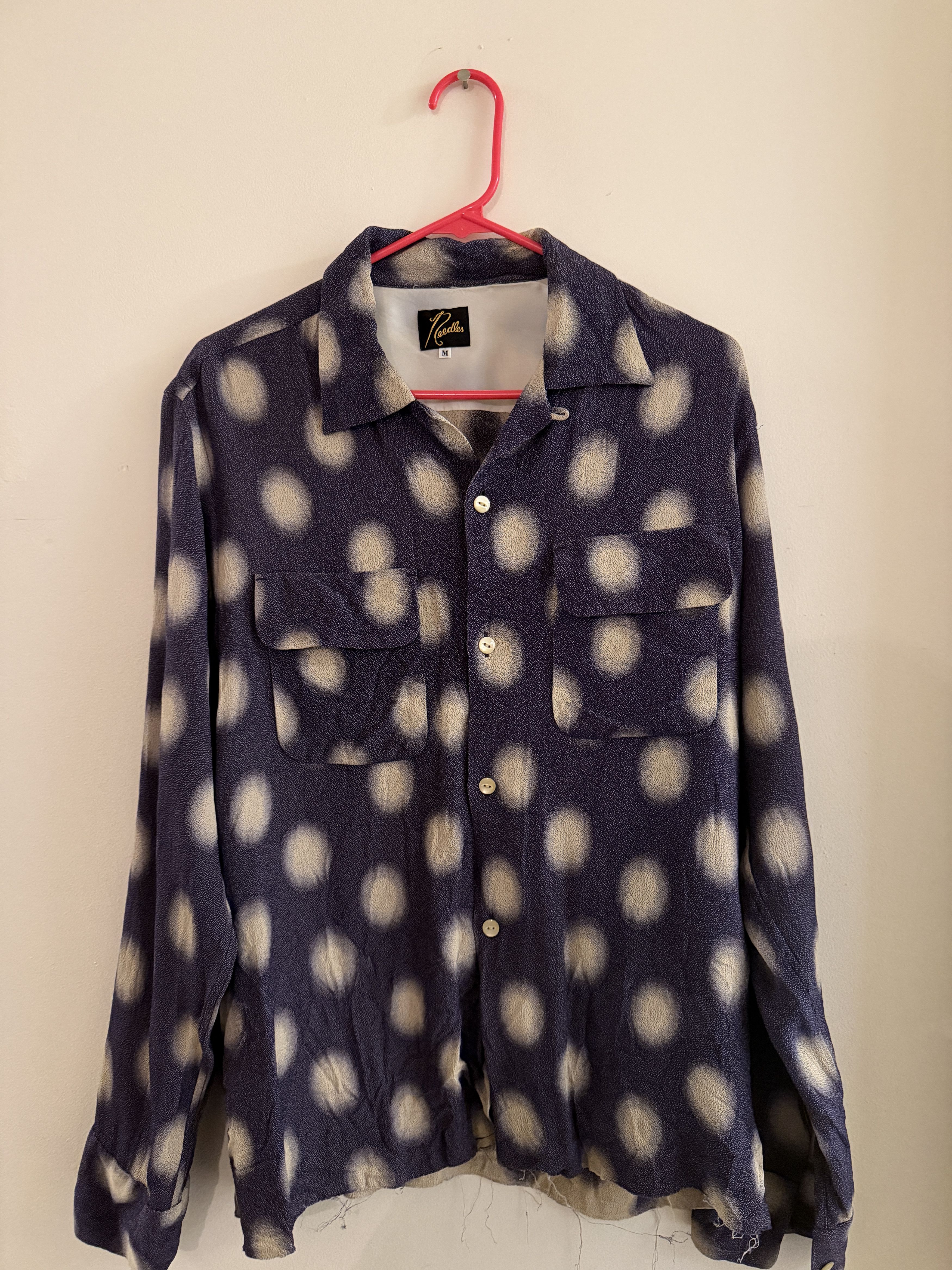 Needles Nepenthe Polka Dot button up shirt with raw hem.