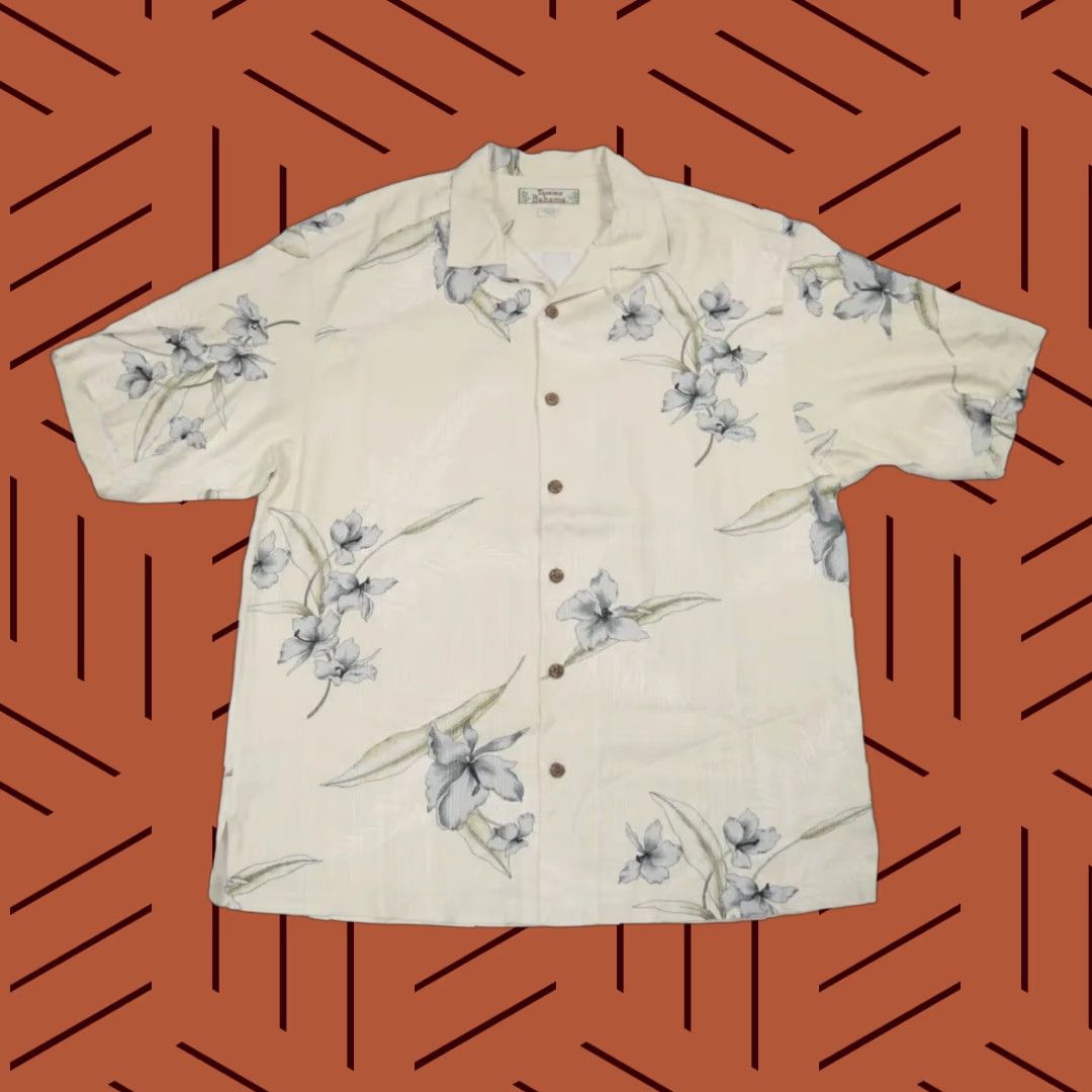 Tommy Bahama VINTAGE Tommy Bahama Hawaiian Shirt Mens L Ivory Blue Hibiscus Floral Silk Short Sleeve Button-Up Tropical Size US L / EU 52-54 / 3 - 1 Thumbnail