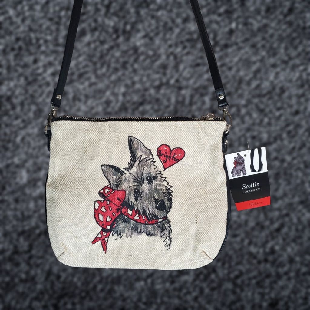 Brighton Brighton Crossbody Bag Womens Scottie Dog Canvas Small Natural Ivory Faux Leather Strap Detachable Zipper 9x3x8 Purse Accessories Queen of Love Size ONE SIZE - 1 Thumbnail