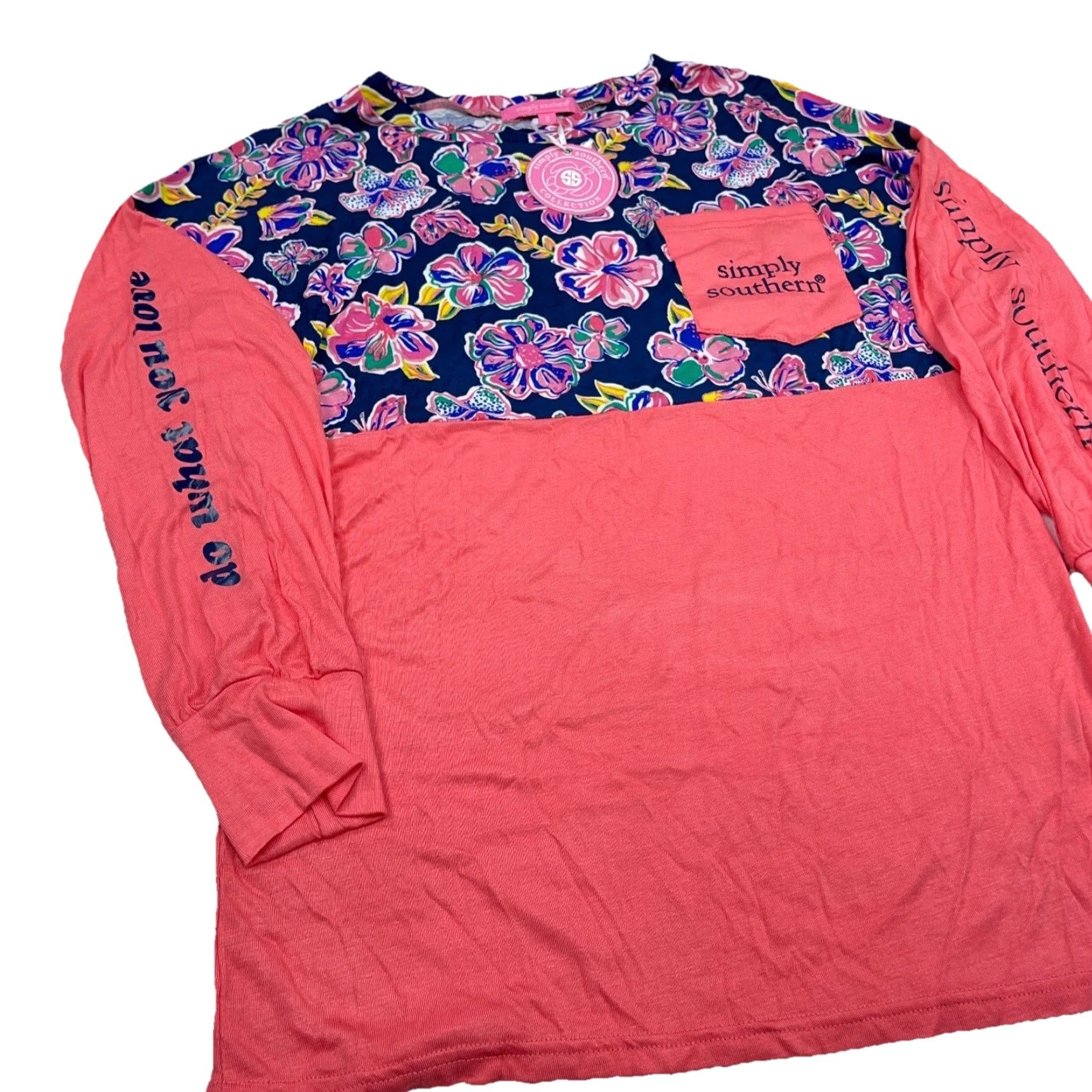 Pinko VINTAGE Simply Southern Women's T-Shirt Small Pink Blue Floral Crew Neck Long Sleeve Casual Tee Size S / US 4 / IT 40 - 3 Thumbnail