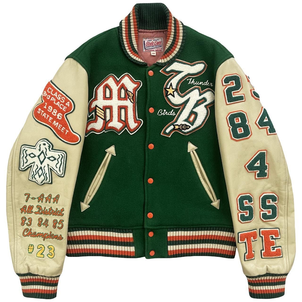 image of Toyo Enterprises x Whitesville Style Eyes Varsity Jacket in Green, Men's (Size Medium)