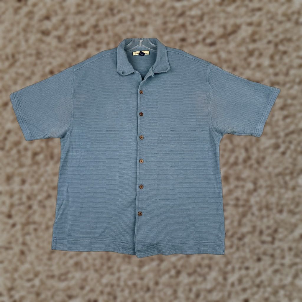 Tommy Bahama Tommy Bahama Shirt Men's Large Blue Stripe Silk Blend Button-Up Wood Button Aloha Hawaiian Resort Vacation Mens Size US L / EU 52-54 / 3 - 1 Thumbnail