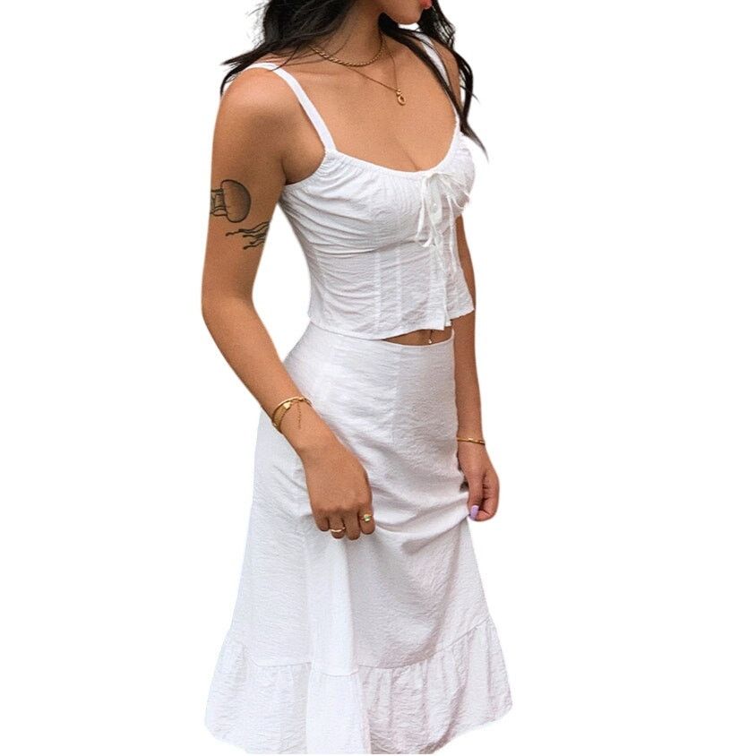 Other Commense White Cowgirl Corset Sleeveless Top Midi Skirt Set Size 29" - 1 Thumbnail
