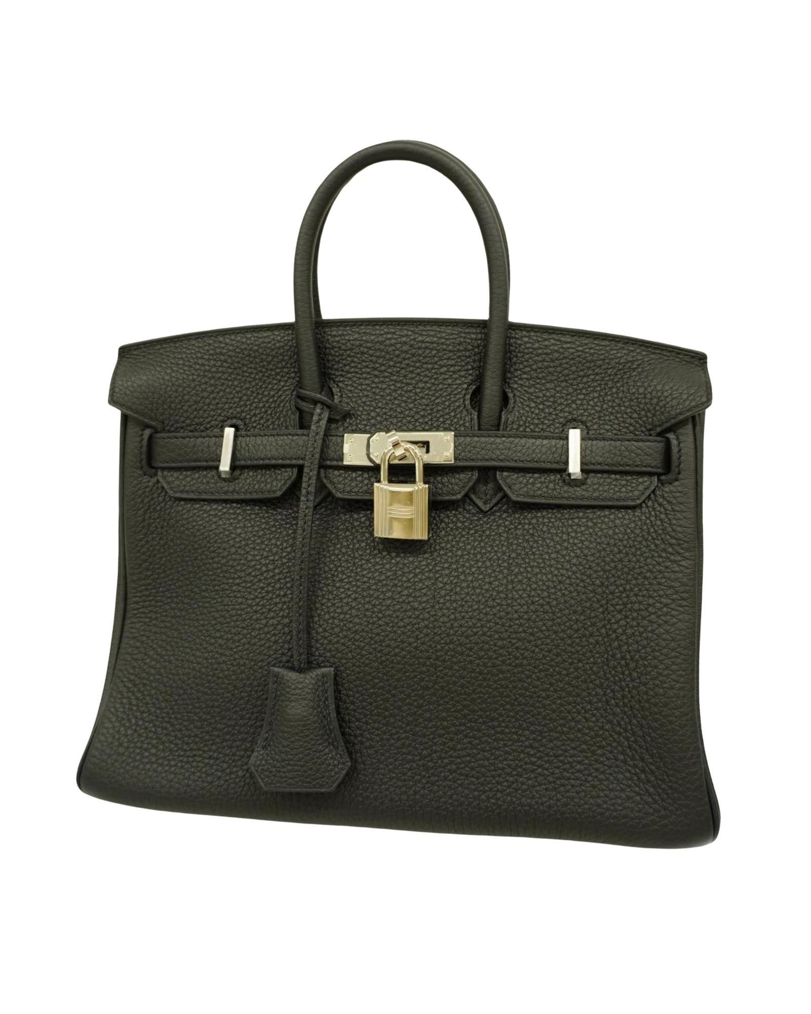 image of Hermes Luxury Khaki Leather Handbag With Silver Hardware And Flap Closure, Women's