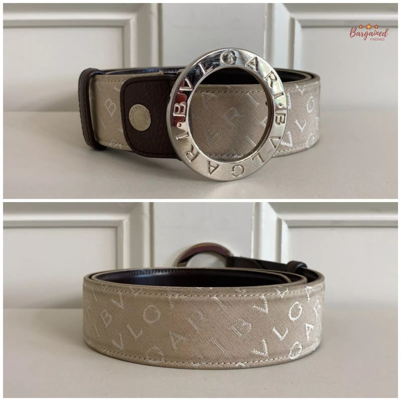 Bvlgari BVLGARI Beige Canvas Dark Brown Leather Silver Round Buckle Size 30 - 10 Thumbnail