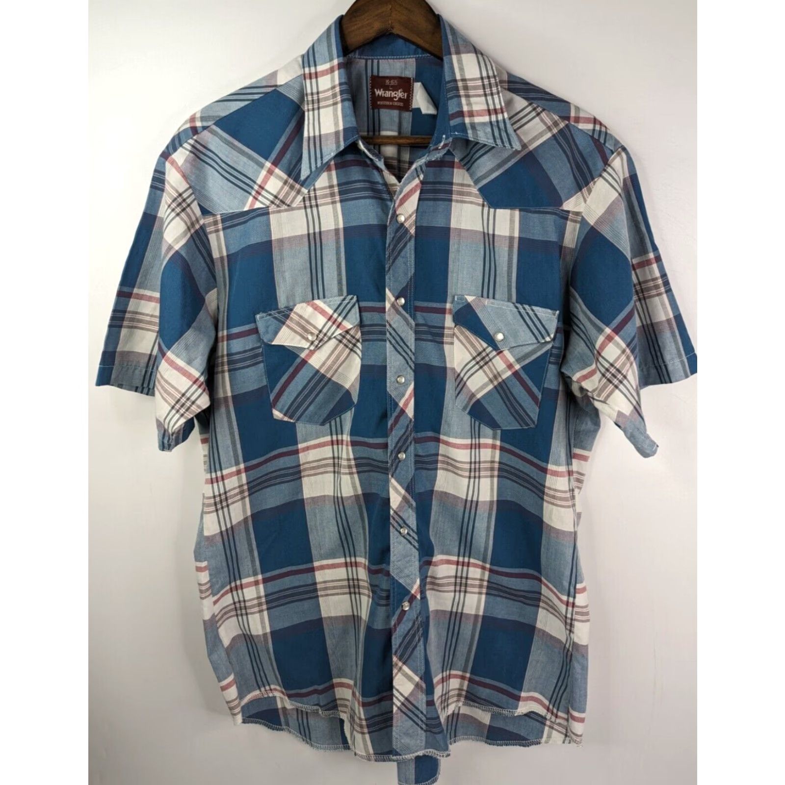 Wrangler VINTAGE Wrangler Western Plaid Pearl Snap Shirt Short Sleeve 16 Blue Mens 80s Western Shirt Snap Closure 16-16.5 Size US L / EU 52-54 / 3 - 2 Thumbnail