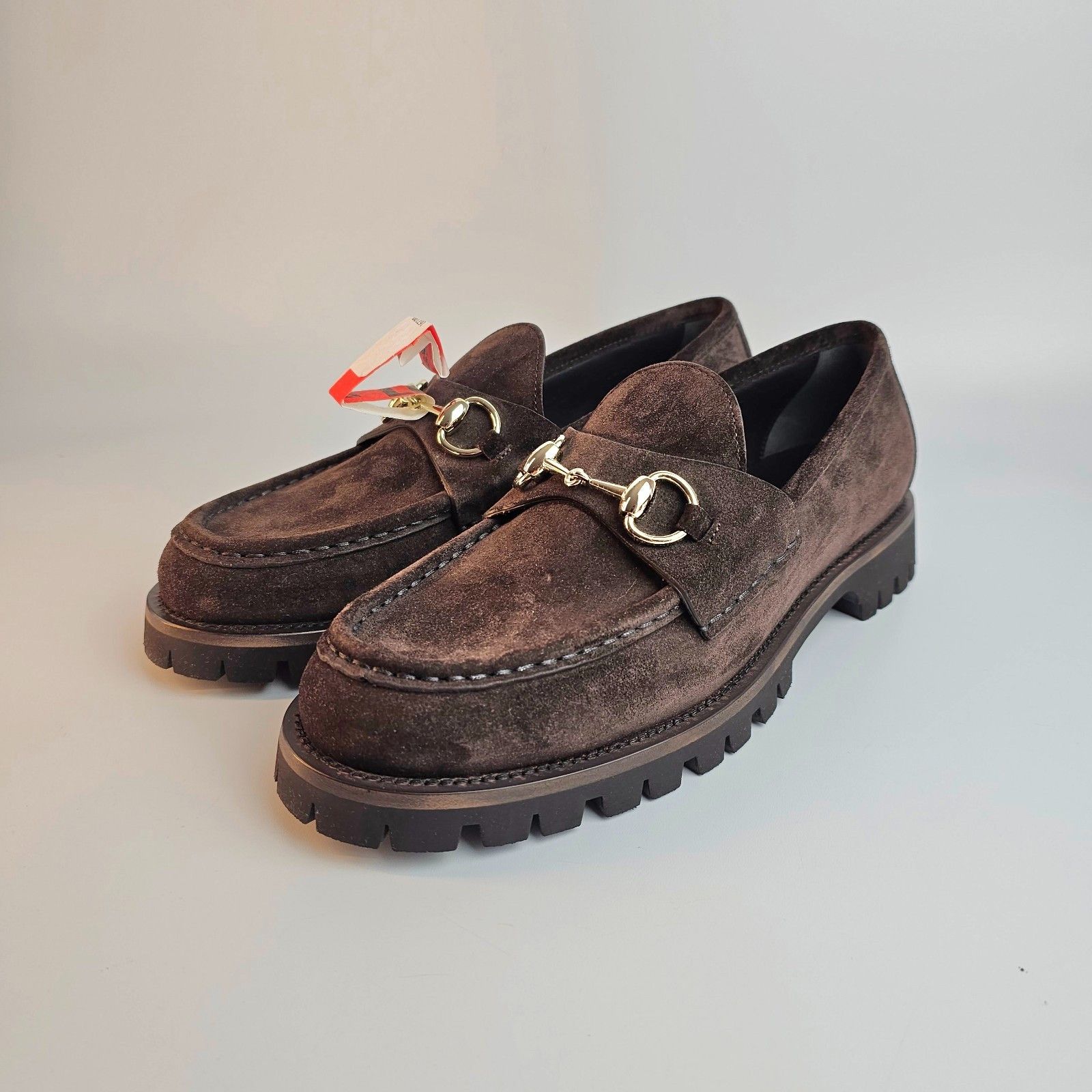 GUCCI Lug Sole Horsebit Dark Brown Suede Loafers New & Authe