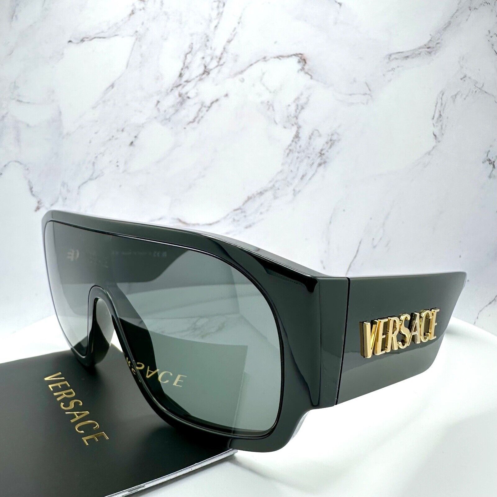 Versace New VERSACE Sunglasses Black Aviator Wrap Shield Runway Gold Size ONE SIZE - 18 Thumbnail
