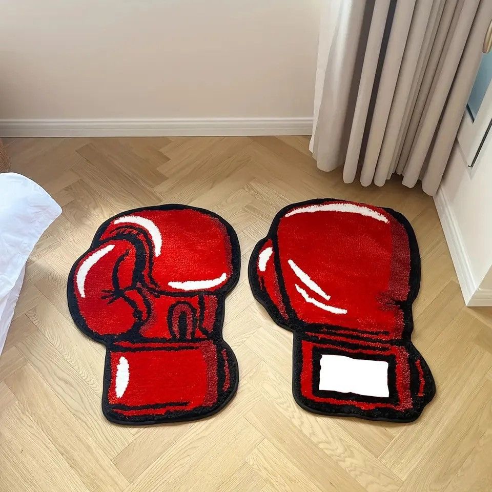 Handmade Two Red Boxing Gloves Tufted Fluffy Rug Carpet Size ONE SIZE - 1 Thumbnail