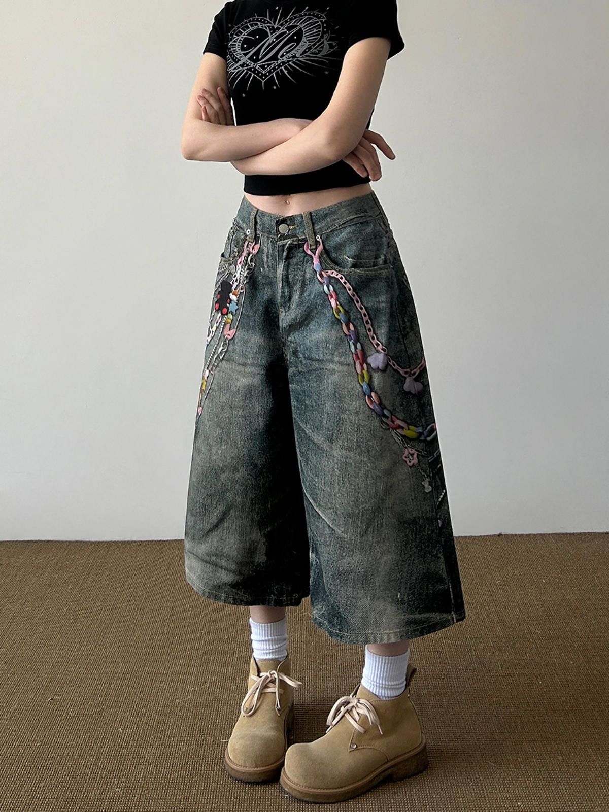 Other Wide Leg Loose Chain Print Distressed Jorts Size US 29 - 4 Thumbnail