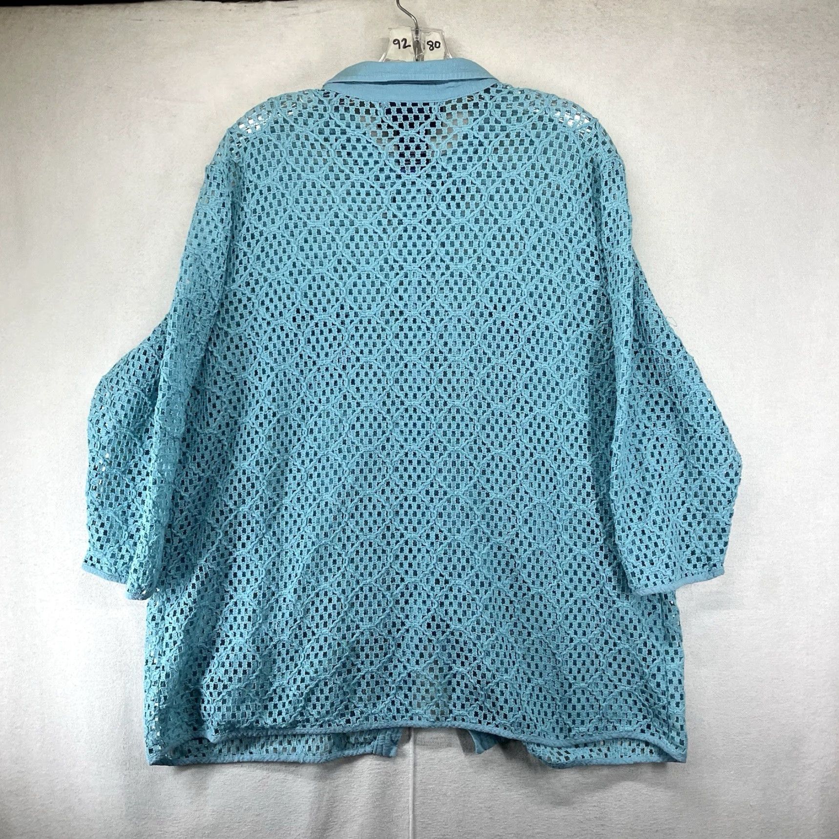 Vintage Women's 1X Button Up Top Collared Sheer Knit Crochet Style Light Aqua Pearl Size XL / US 12-14 / IT 48-50 - 2 Thumbnail