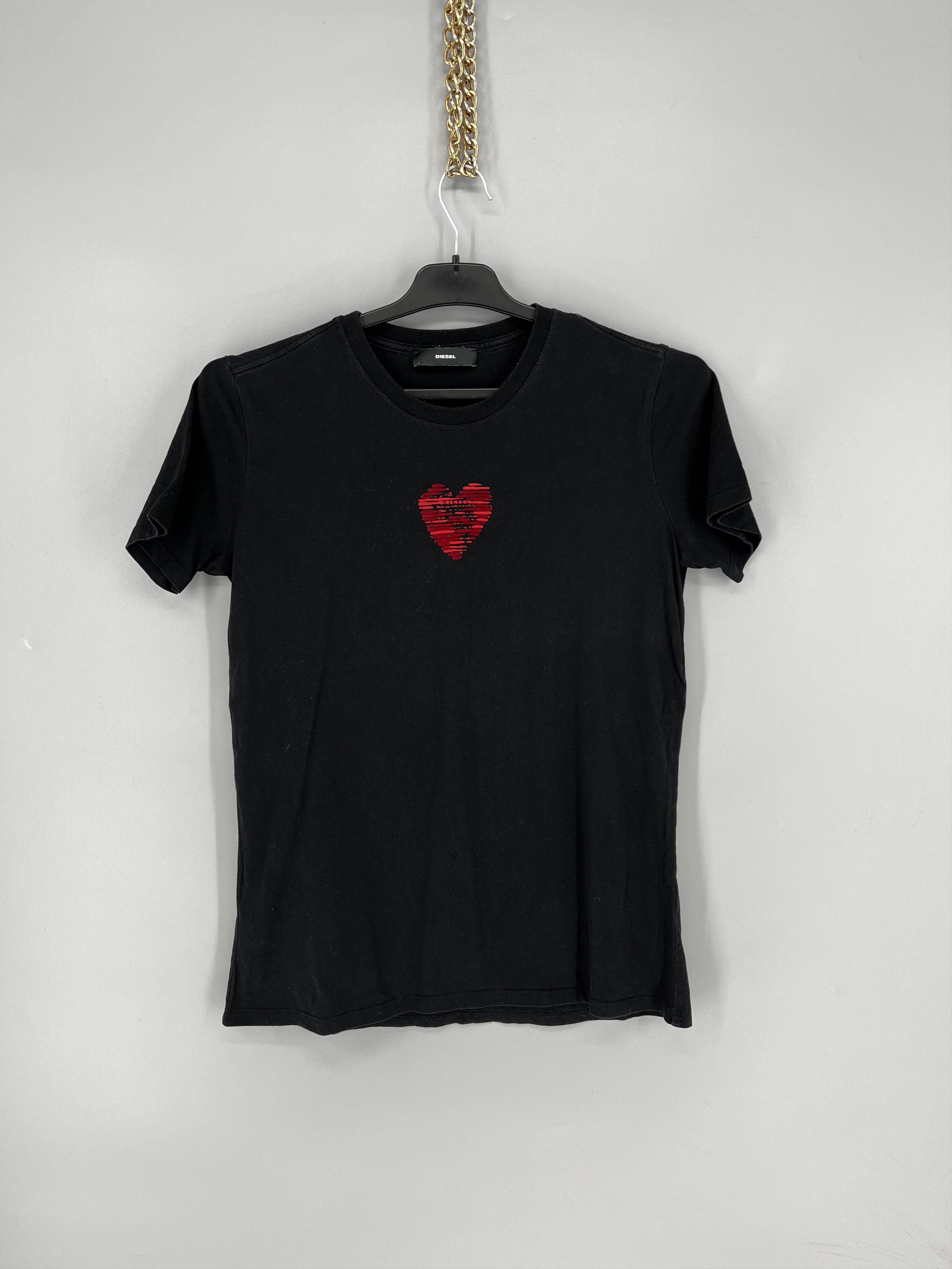 Diesel Diesel Women’s Black Tee Striped Heart Design Size S / US 4 / IT 40 - 1 Thumbnail