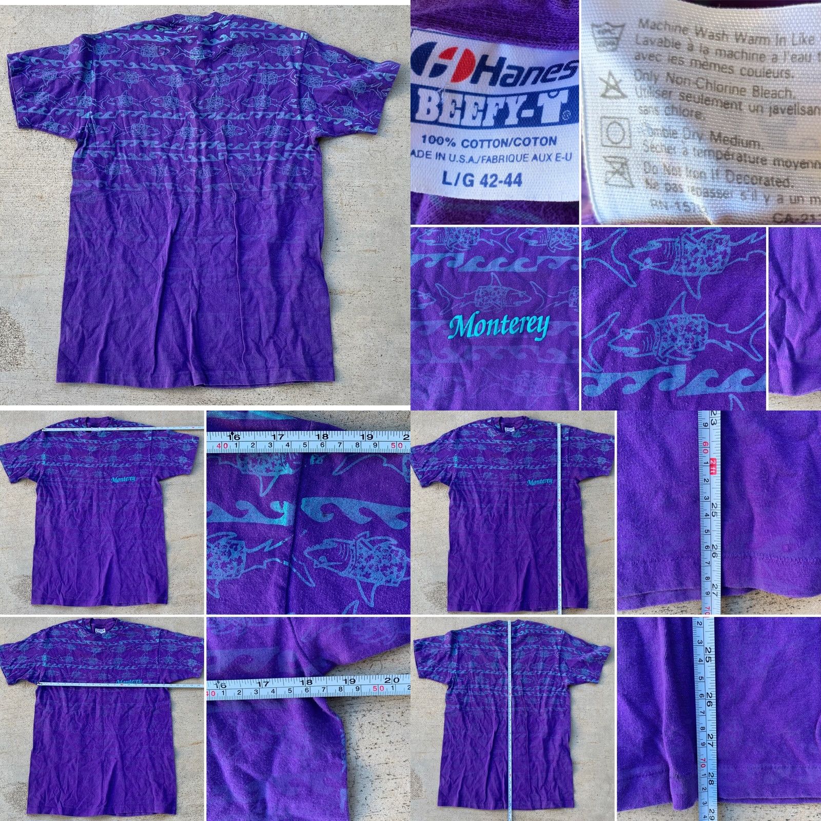 Hanes VINTAGE Monterey All Over Print Shark In Sunglasses & Shirt T-Shirt 80s 90s L Mens Purple Graphic Tee Hanes 100% Cotton Short Sleeve Sportswear/Beach Size US L / EU 52-54 / 3 - 8 Thumbnail