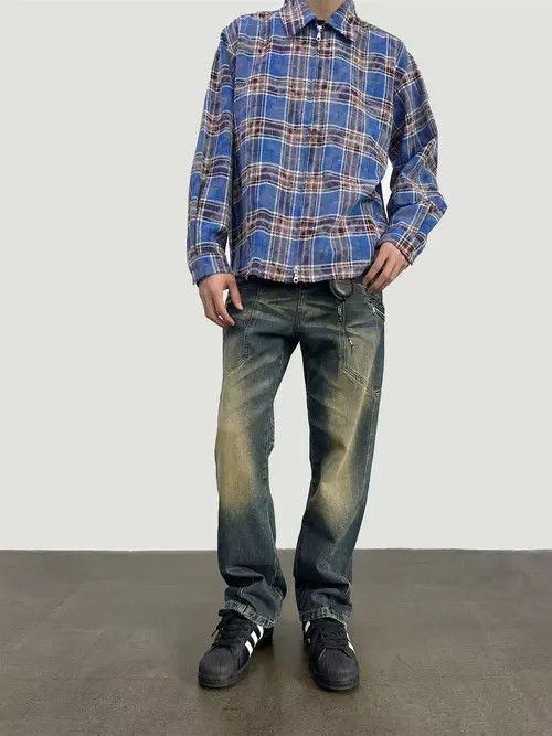 image of Street Yellow Mud Washed Loose Jeans in Blue, Men's (Size 32)