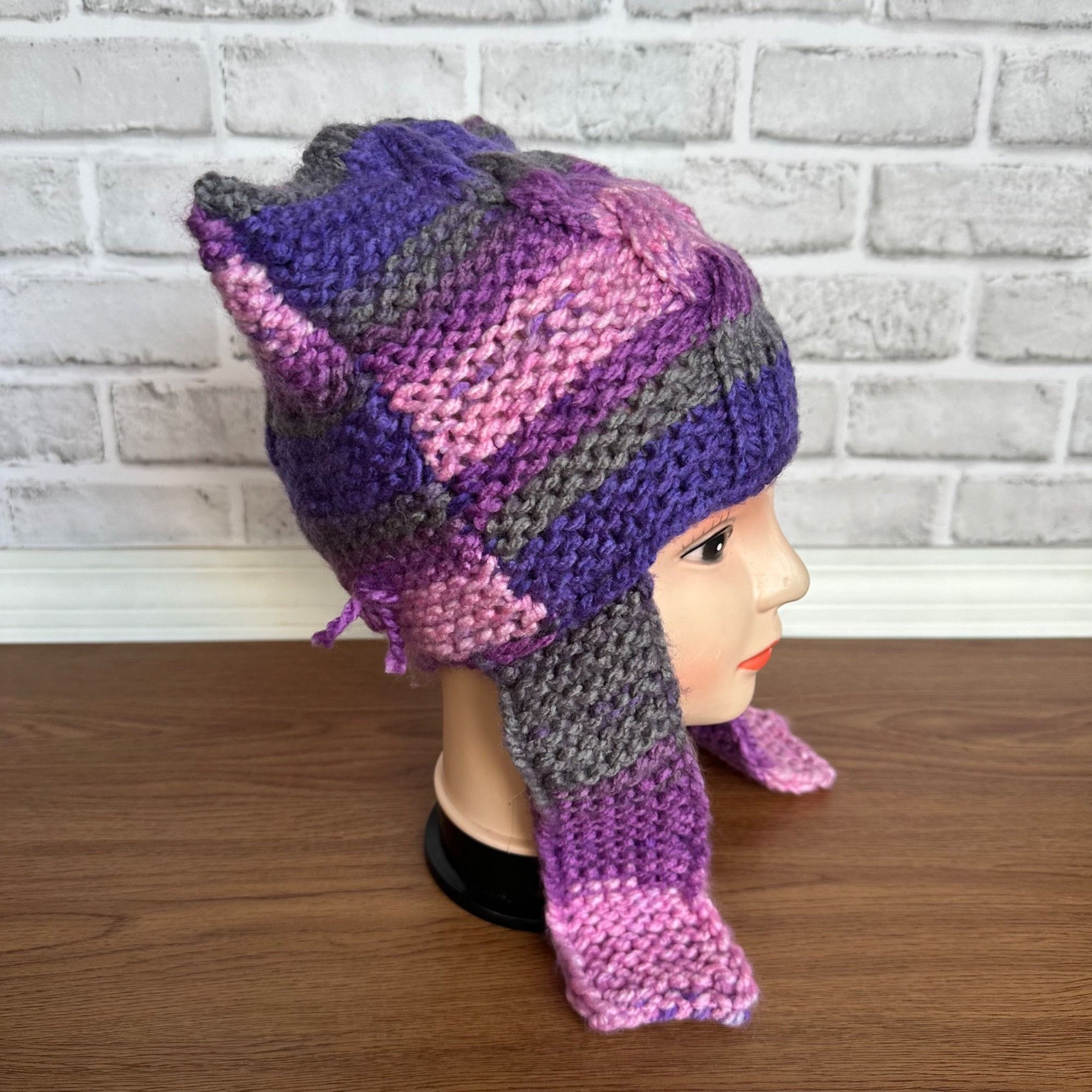Other Silky Hand-Knit Purple Cat Ear Earflap Beanie Hat | Cozy Win Size ONE SIZE - 3 Thumbnail