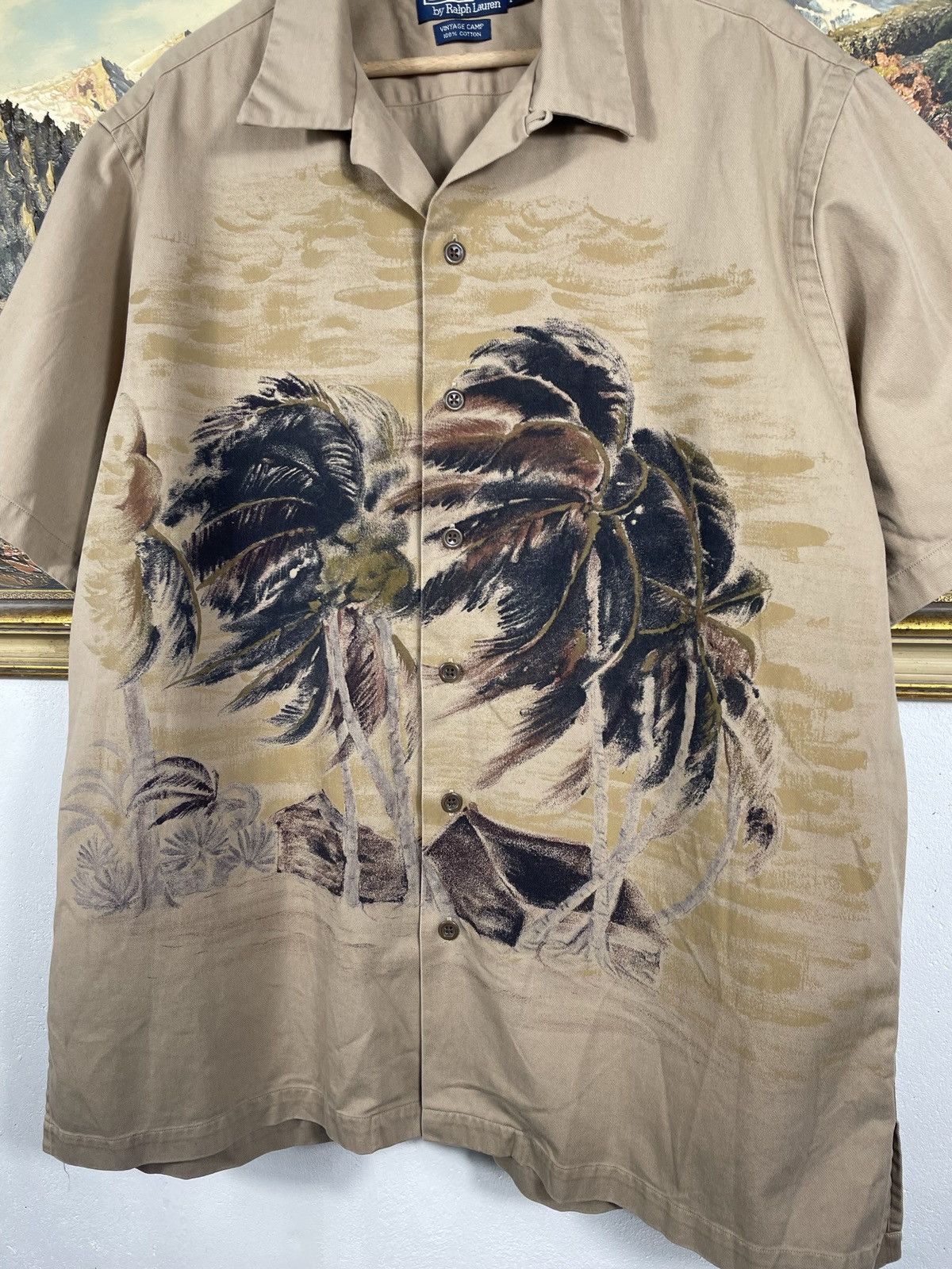 Polo Ralph Lauren × Ralph Lauren × Vintage Polo Ralph Lauren Biege Plam Tree Camp Vintage 90s Shirts Size US L / EU 52-54 / 3 - 5 Thumbnail
