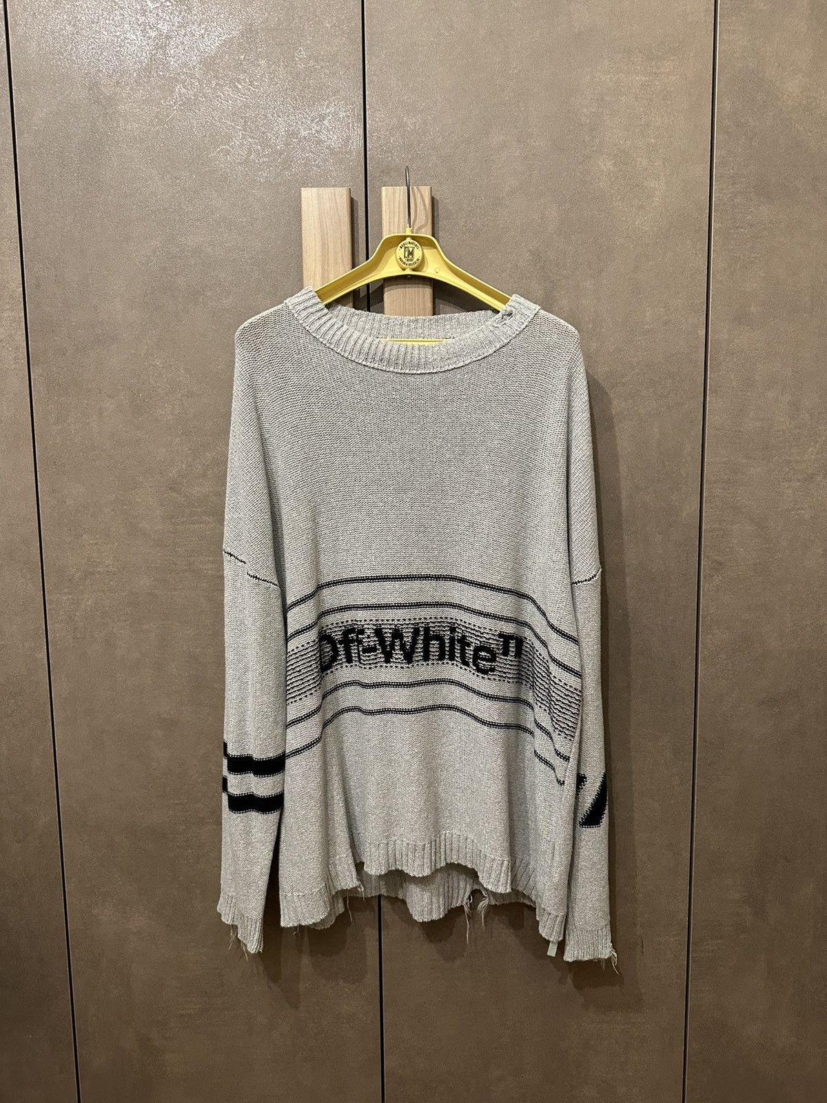 Off-White Distressed Logo Intarsia Wool Sweater Grey Size M