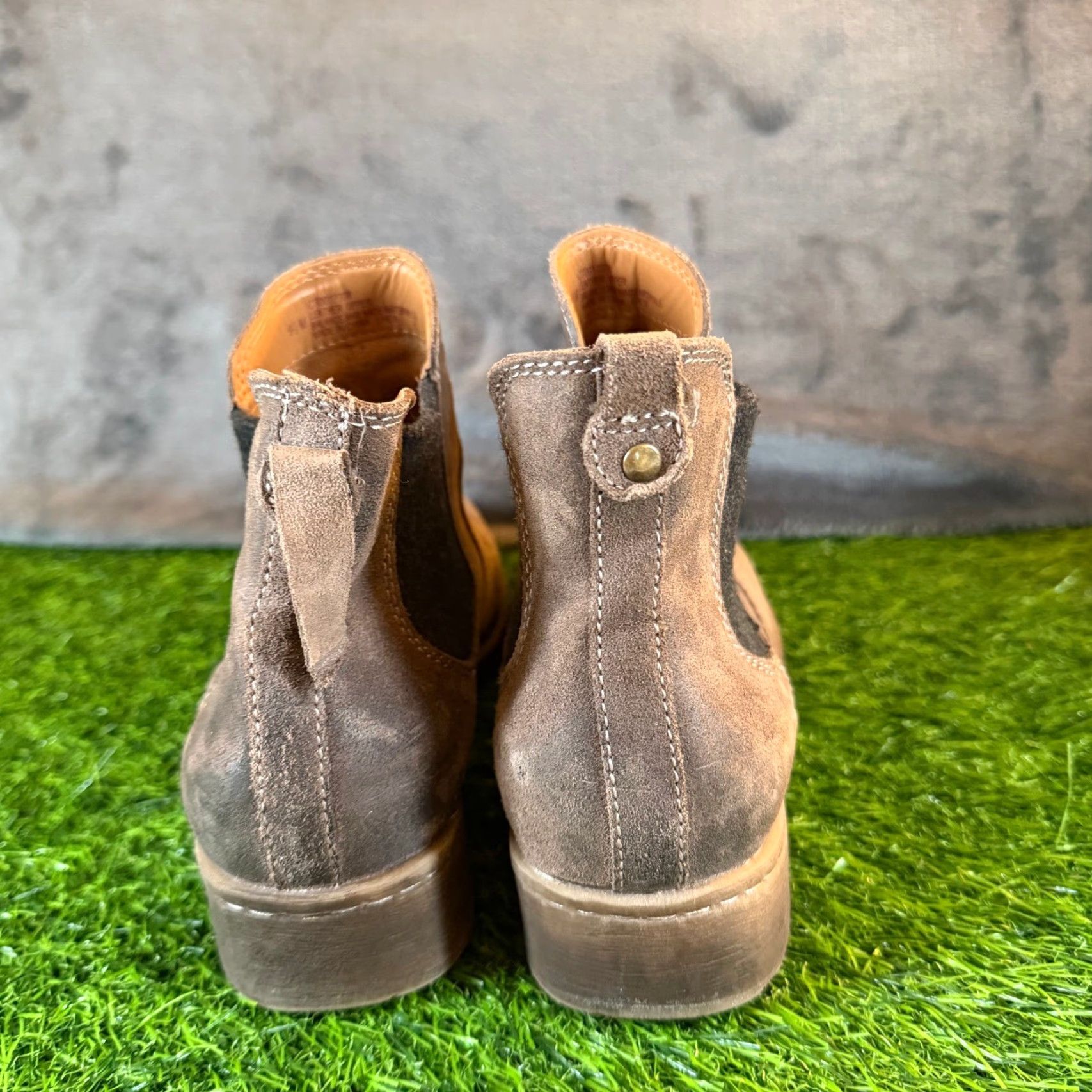 Vintage Comfortiva Distressed Brown Suede Chelsea Ankle Boots Womens 9.5M Bootie Block Heel Casual Fall Winter Bohemian 90s Leather Lining Pull On Knit? Size US 10 / IT 40 - 6 Thumbnail
