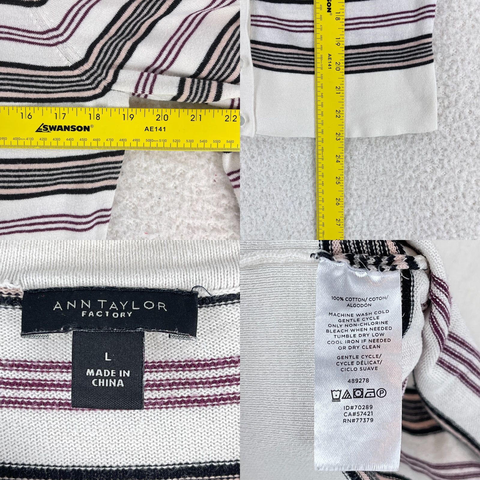 Ann Taylor Ann Taylor Cardigan Shirt Womens Large White Striped Knit Crew Neck Long Sleeve Size L / US 10 / IT 46 - 8 Thumbnail