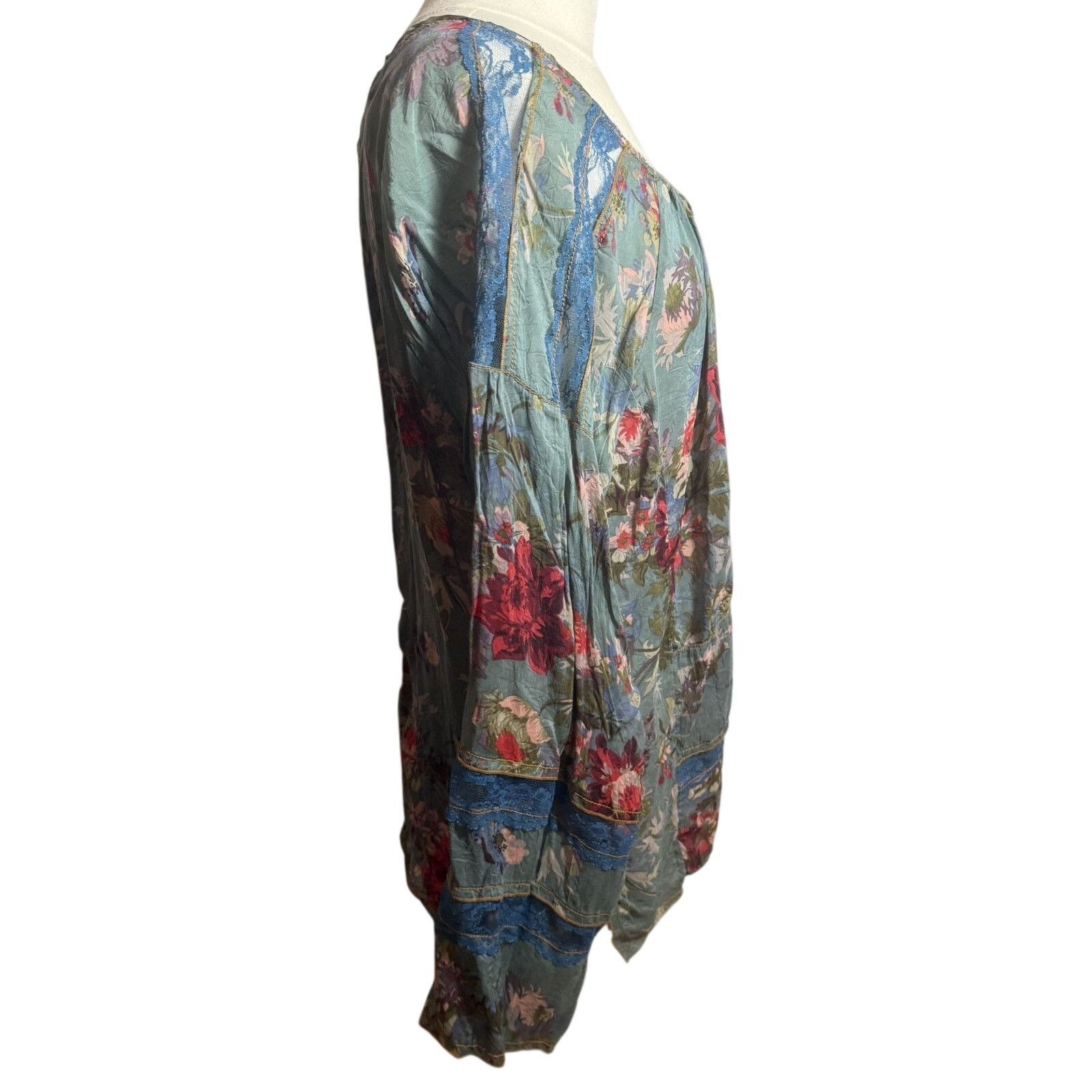 Johnny Was Multi Color Silk Long Sleeve Tunic with Lace Trim Size XL / US 12-14 / IT 48-50 - 3 Thumbnail