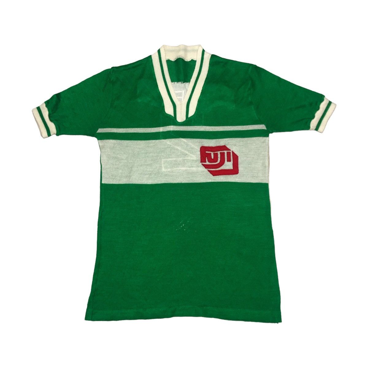 image of Vintage 50S Knitted Fujifilm Soccer Jersey in Green, Men's (Size Small)