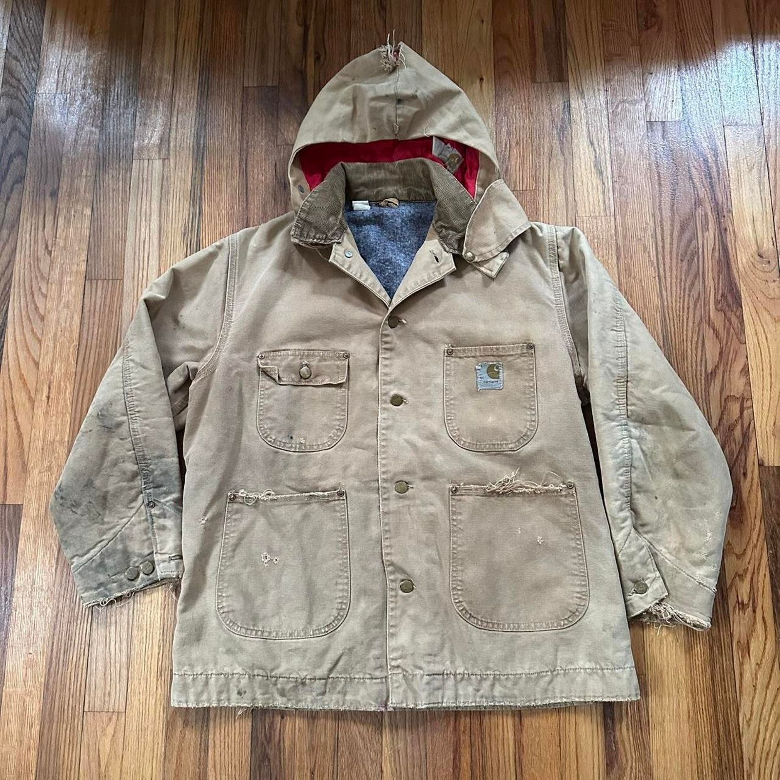 Carhartt Vintage 70s Carhartt Hooded Button Up Jacket Distressed L/XL Size US XL / EU 56 / 4 - 1 Thumbnail
