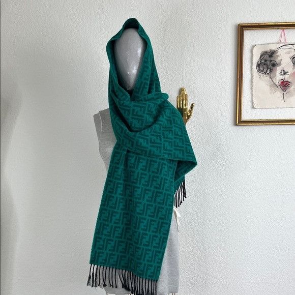 Fendi VTG Fendi Green Fringe Black Logo Scarf Wrap Size ONE SIZE - 2 Thumbnail