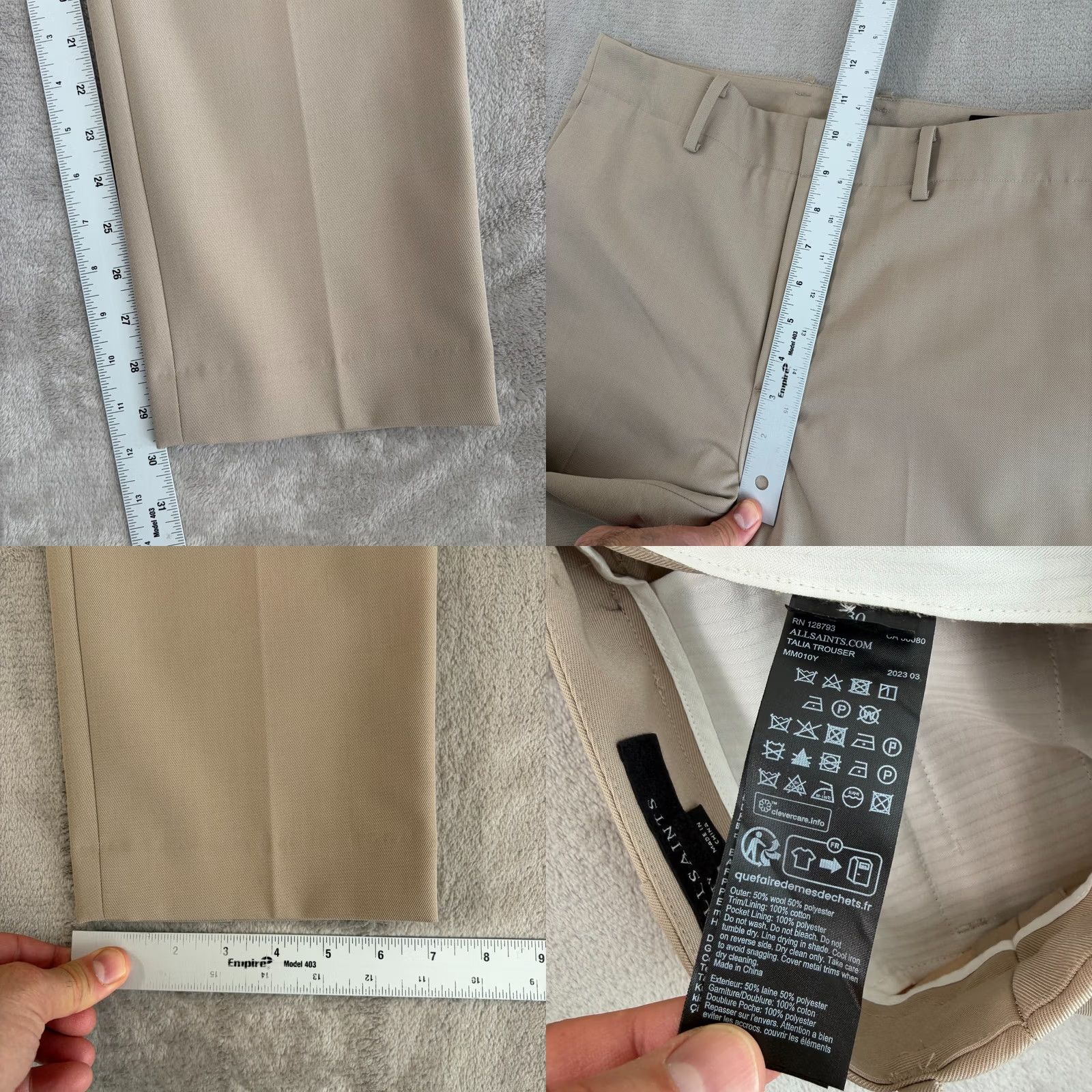 Allsaints ALLSAINTS Talia Straight Fit Trouser Pants Beige Men 34x30 Wool Polyester Flat Front Button Dress Pants Slim? Regular Unspecified Size US 34 / EU 50 - 8 Thumbnail