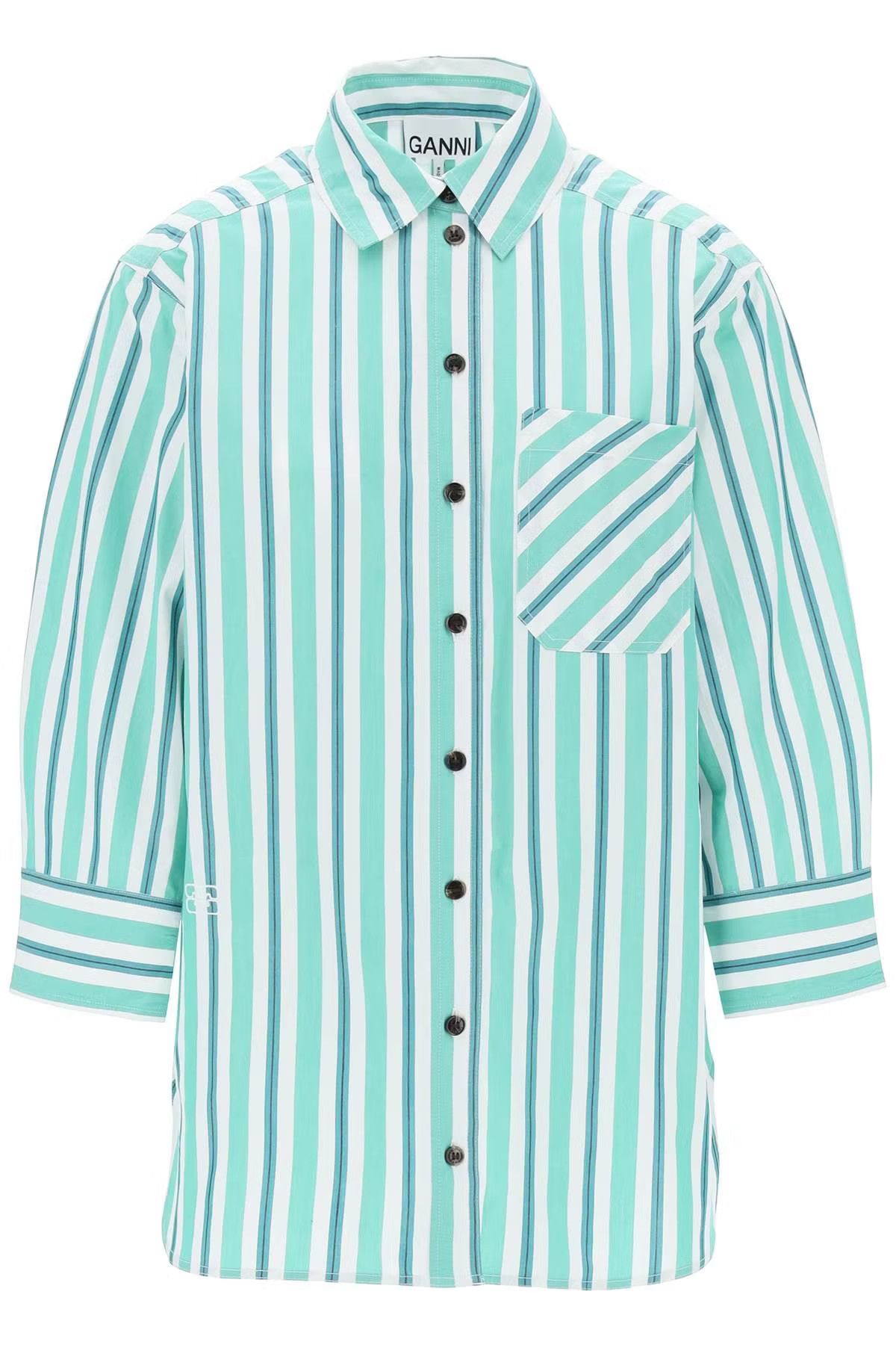 image of Ganni O1S22I1N0524 Oversized Striped Poplin Shirt In White Green, Women's (Size XS)