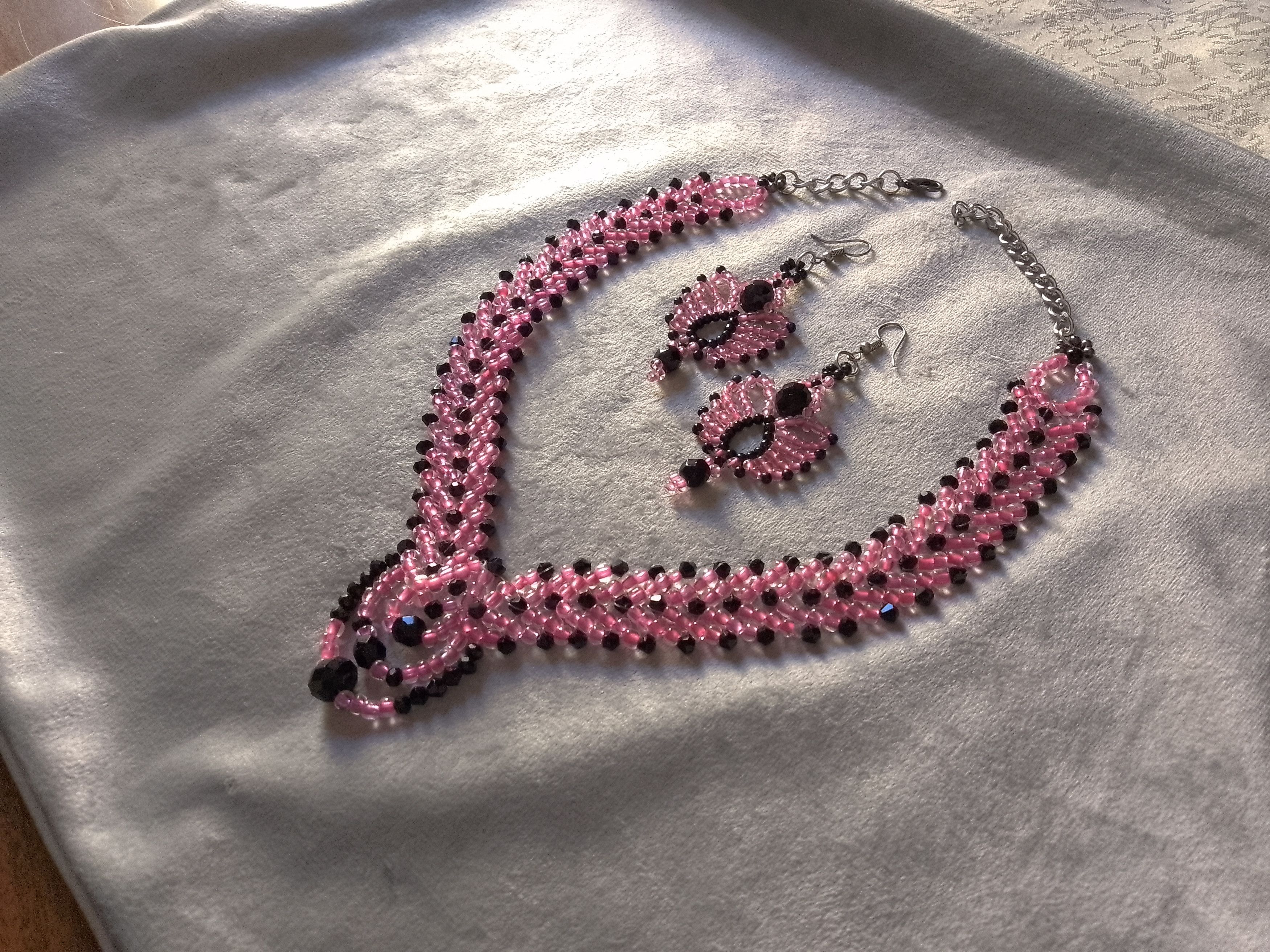 Handmade Necklace Braided Pink Black Earrings Crystals Elegant Size ONE SIZE - 5 Thumbnail
