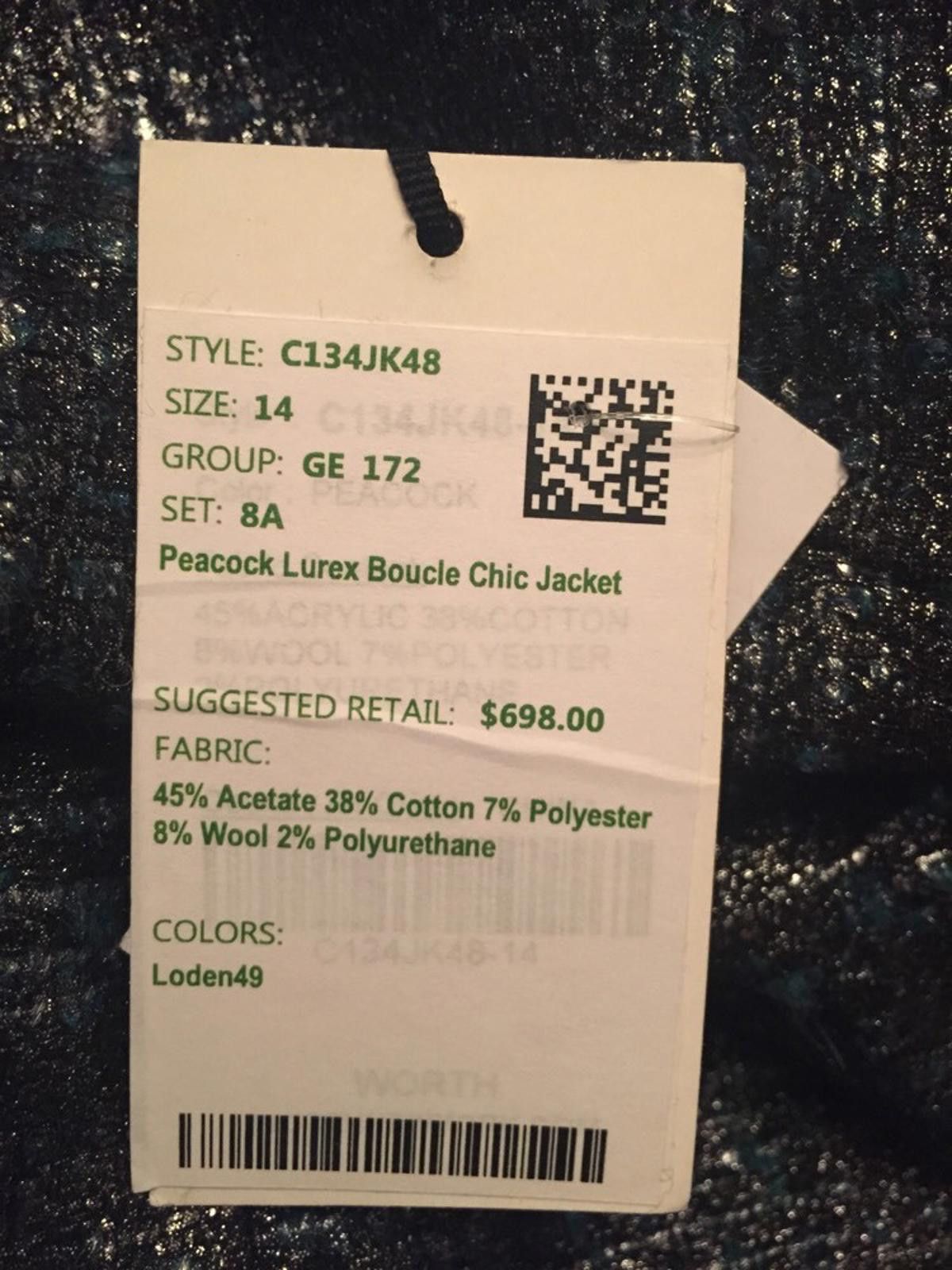 Worthington Worth New York Peacock Lurex Boucle Chic Jacket Ret$698 Sz 0 Size XS / US 0-2 / IT 36-38 - 12 Thumbnail
