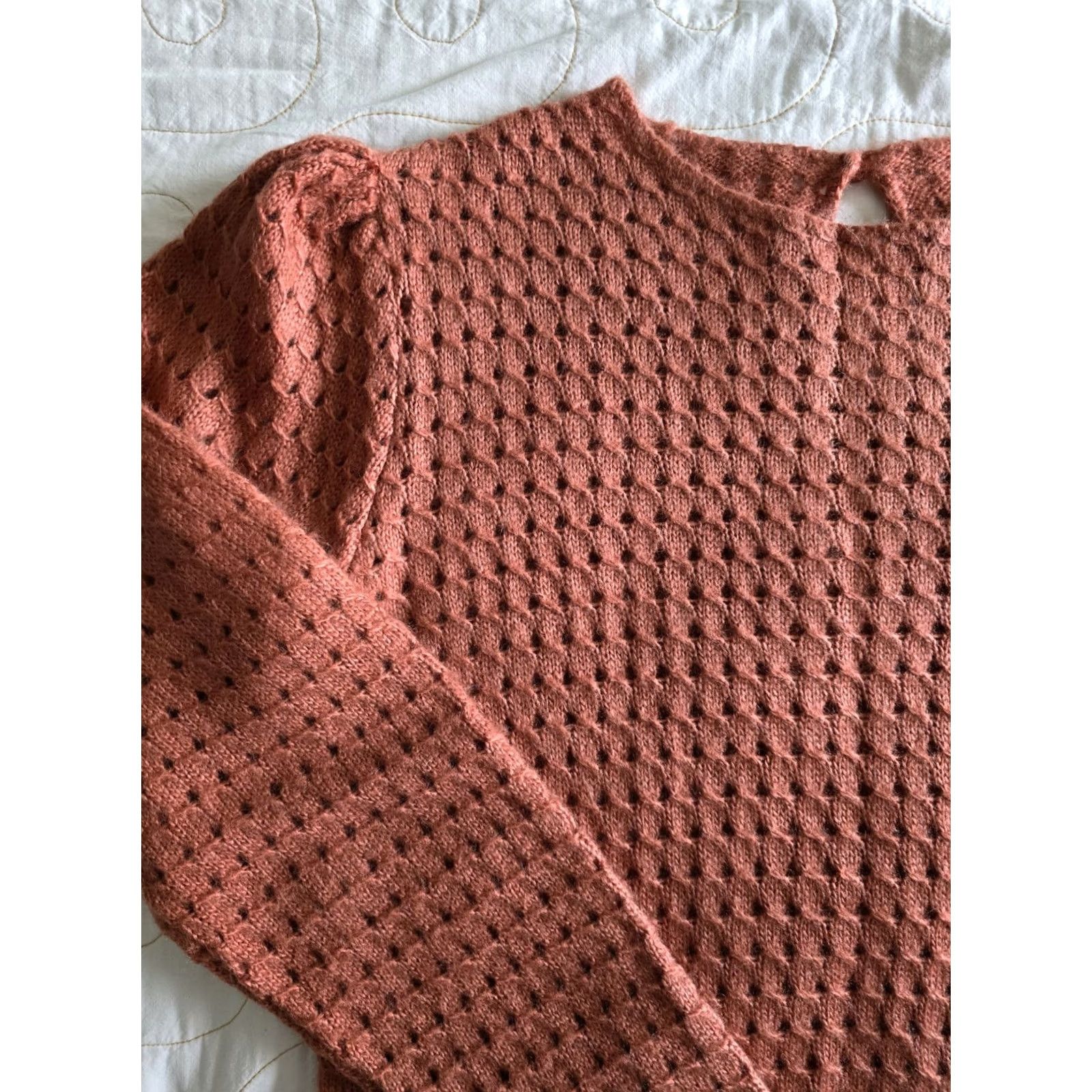 Rusty VINTAGE 80s Rust Orange Sweater Keyhole Button Womens M/L Secretary Geek Acrylic, Orange, 1980s, Business, Womens Size M / US 6-8 / IT 42-44 - 3 Thumbnail