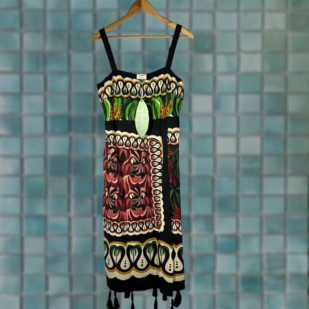 Farm Rio Farm Rio Dress Multicolor Midi L Wrap Tie Spaghetti Straps Tassel Hem Geometric Bohemian Tropical Birds Women Fashion Size L / US 10 / IT 46 - 1 Thumbnail