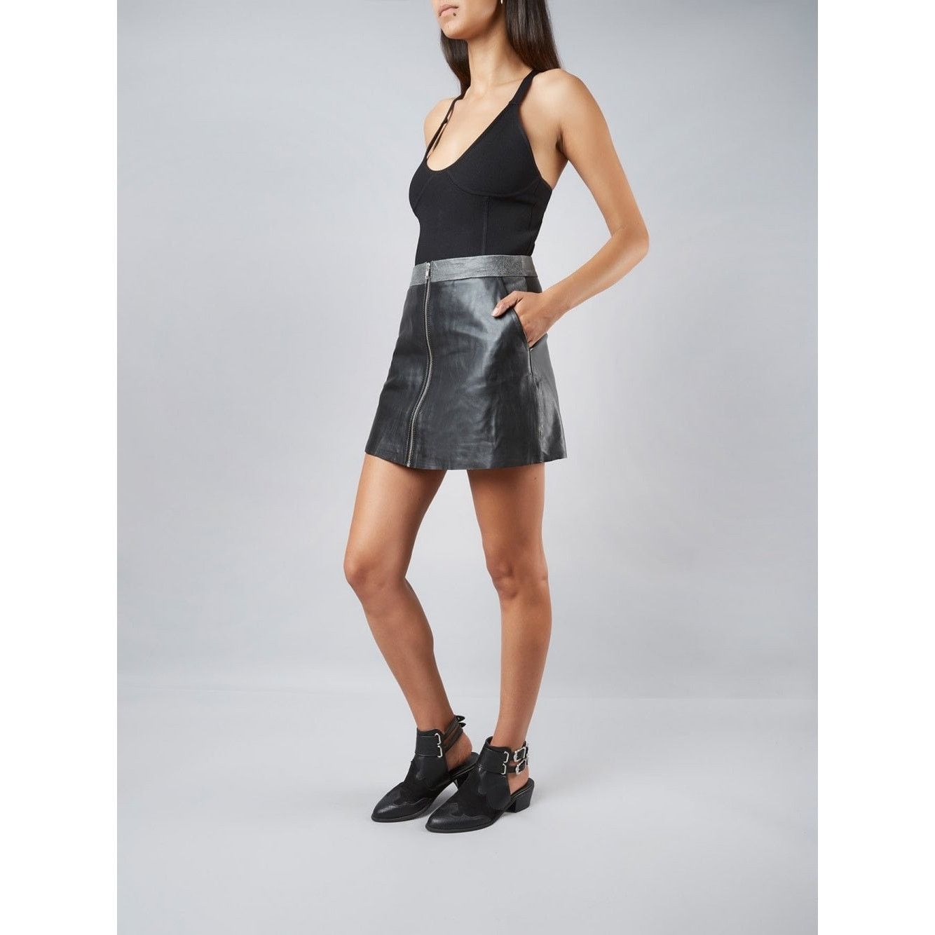 Muubaa Impala A-Line Black White Leather Mini Skirt size 6