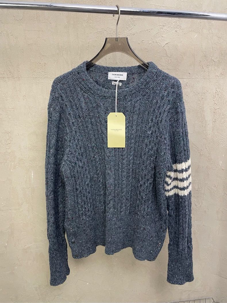 Thom Browne Thom browne Blue-gray four-striped knitted round-neck wool Size US XXL / EU 58 / 5 - 1 Thumbnail