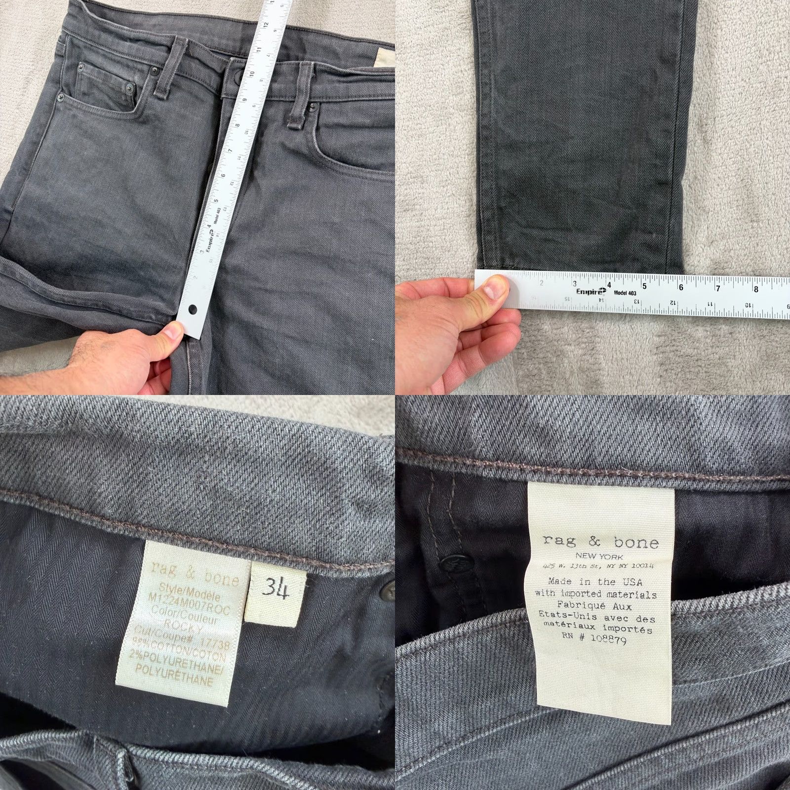Rag & Bone rag & bone Fit 1 Extra Slim Jeans Men 34x33 Gray Slim 5-Pocket Button Fly USA Size US 34 / EU 50 - 8 Thumbnail