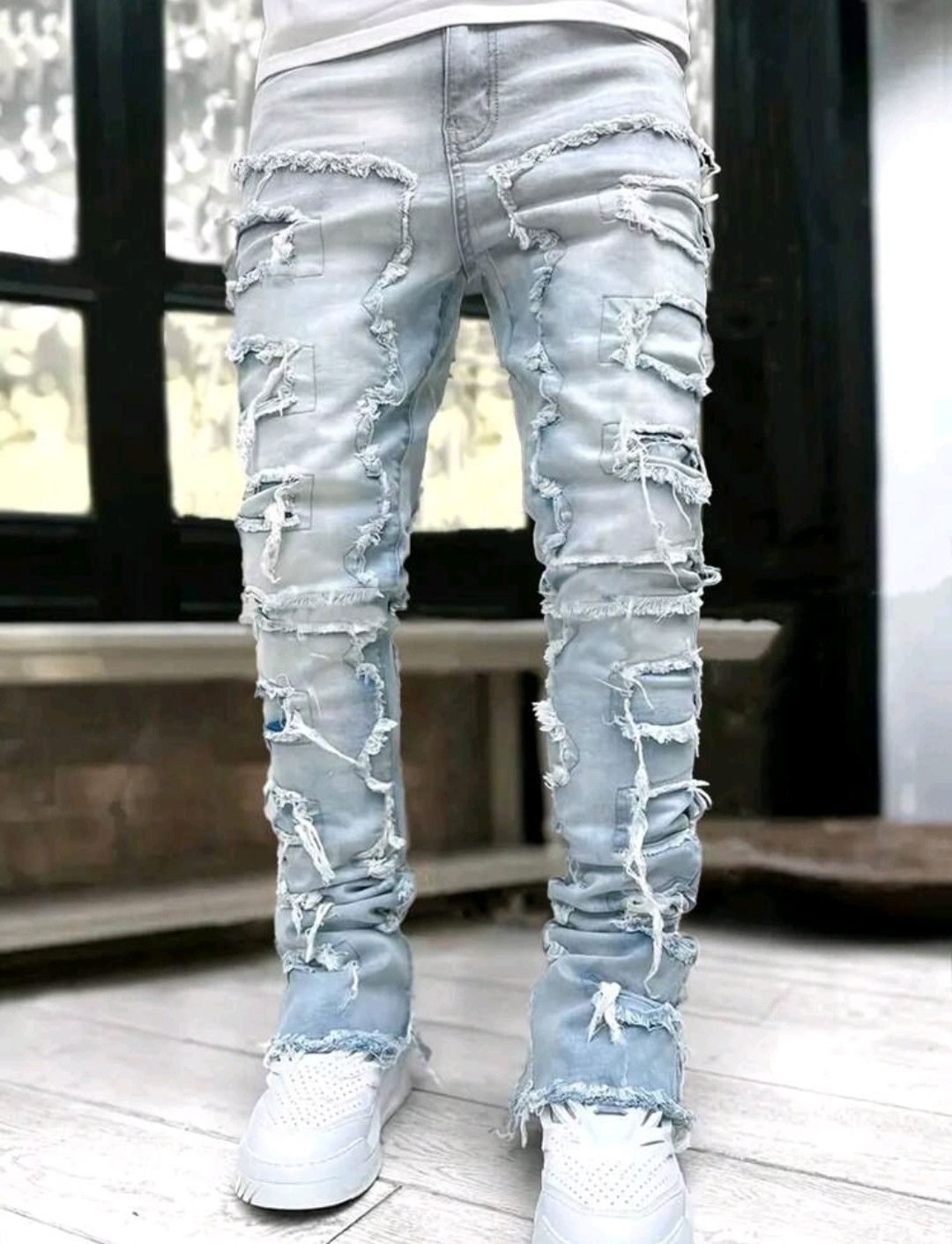Japanese Brand Ripped Patchwork Frayed Light Jeans Size US 31 - 1 Thumbnail